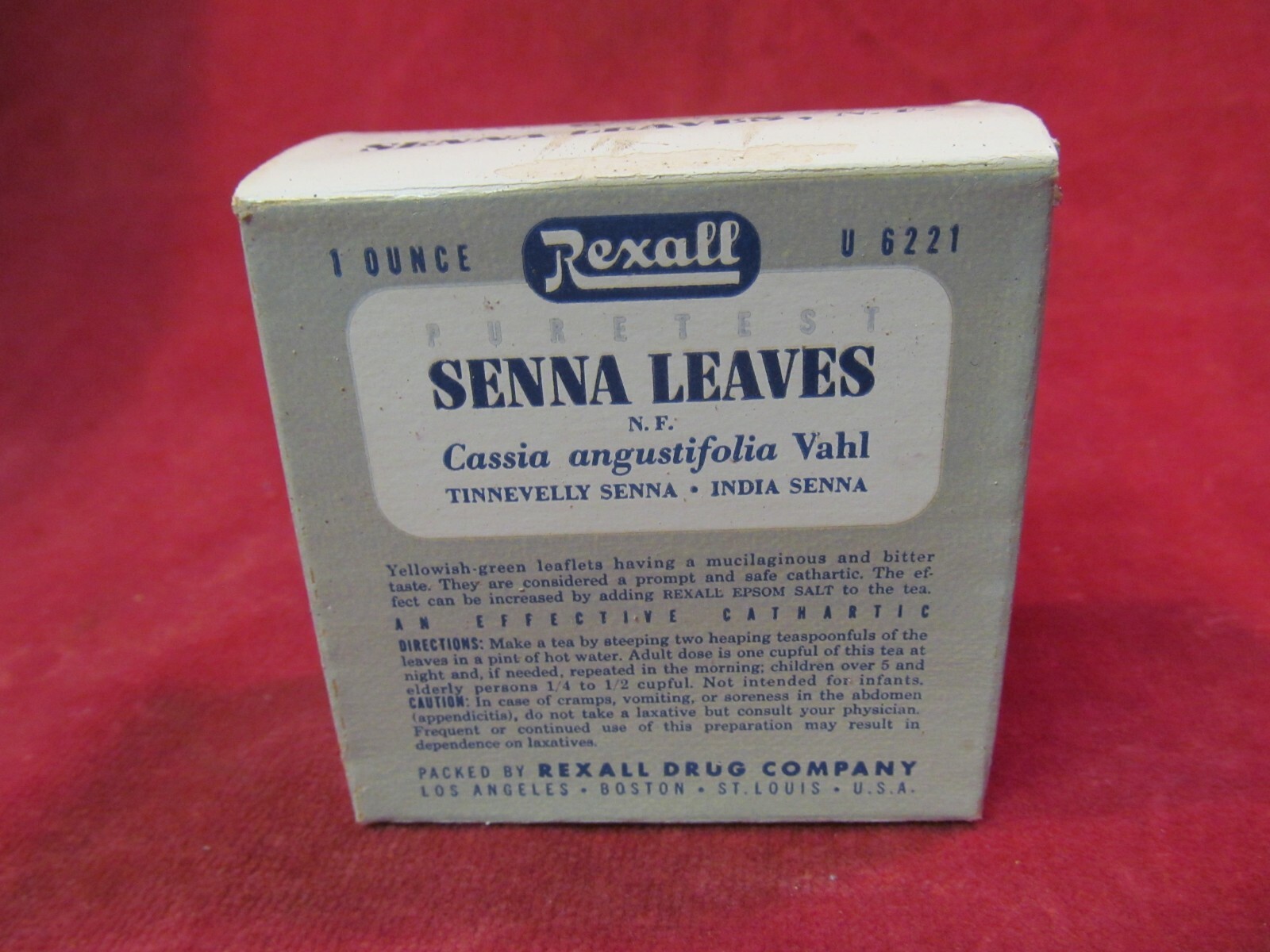 NEW OLD STOCK REXALL DRUG COMPANY SENNA LEAVES 1 OUCE BOX
