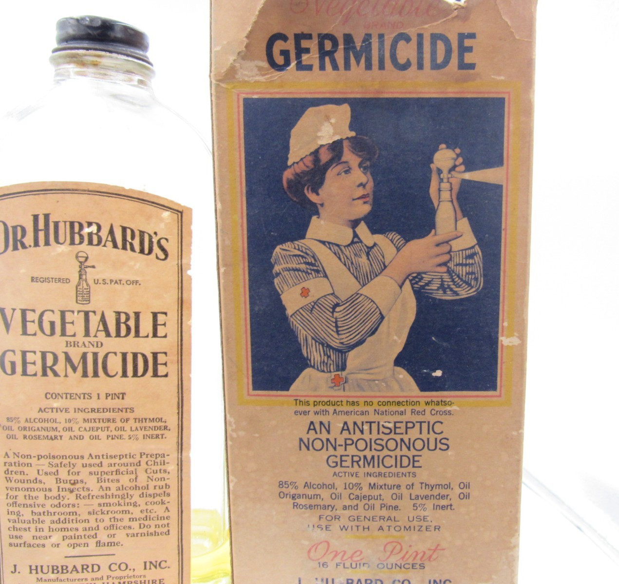 1940’s Dr Hubbard’s Vegetable Germicide Nashua NH 8 1/4″ Medicine bottle & Box