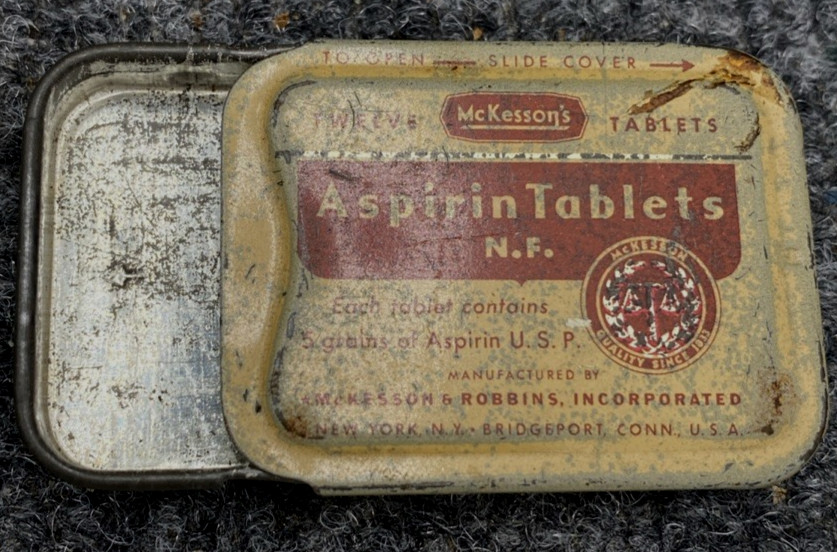 McKesson’s Aspirin Tablets Tin Slide Top 1 7/8” x 1 7/16” Pharmacy Advertising