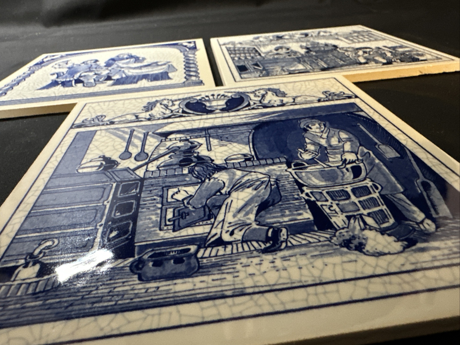 THREE Vintage Blue Delfts Schoonhoven Holland Handmade 6″ Ceramic Tiles Pharmacy
