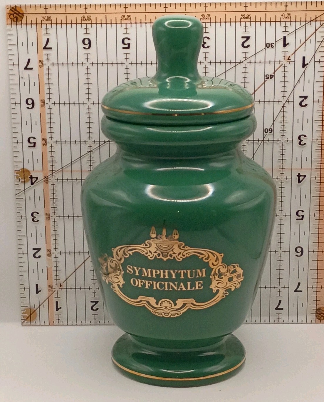 VTG Eli Lilly Ceramic Green Gold Trim Apothecary Jar-Symphytum Officinale #5-179