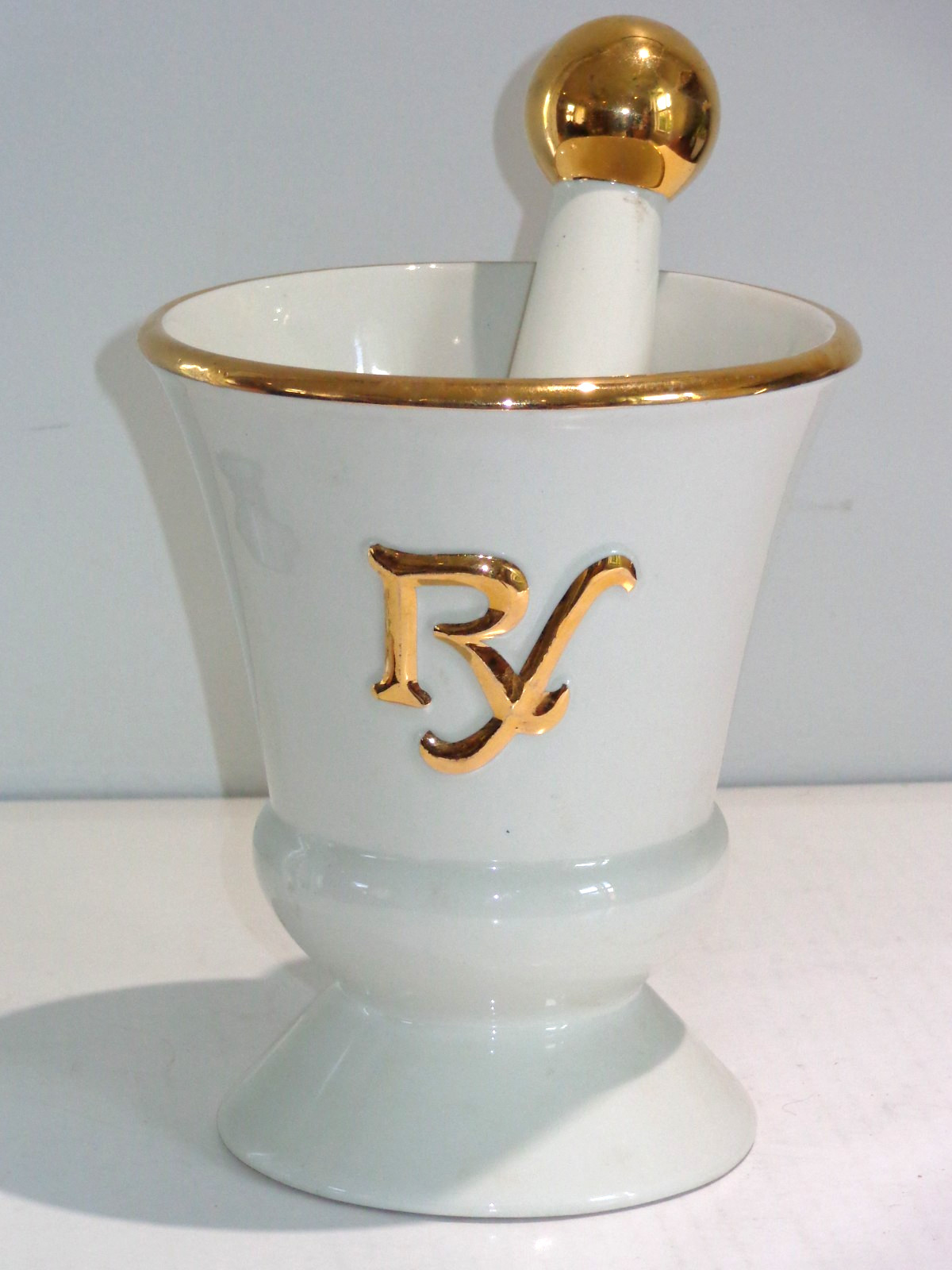 Vintage Pharmacy Display Ivory & Gold Trimmed RX Mortar & Pestle