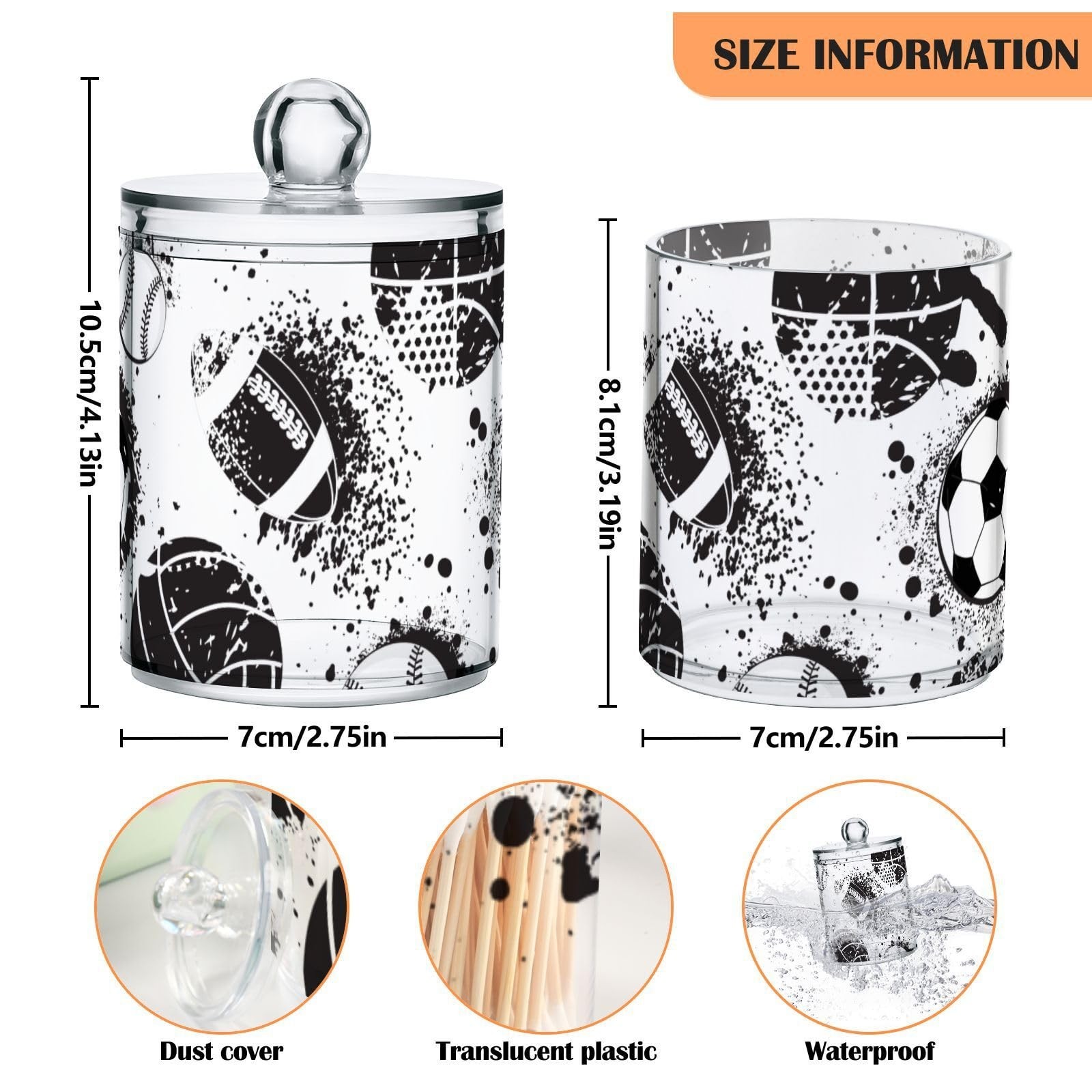 Football Soccer Themed Qtip Holder 2 Pack – 10 Oz Clear Plastic Apothecary Ja…