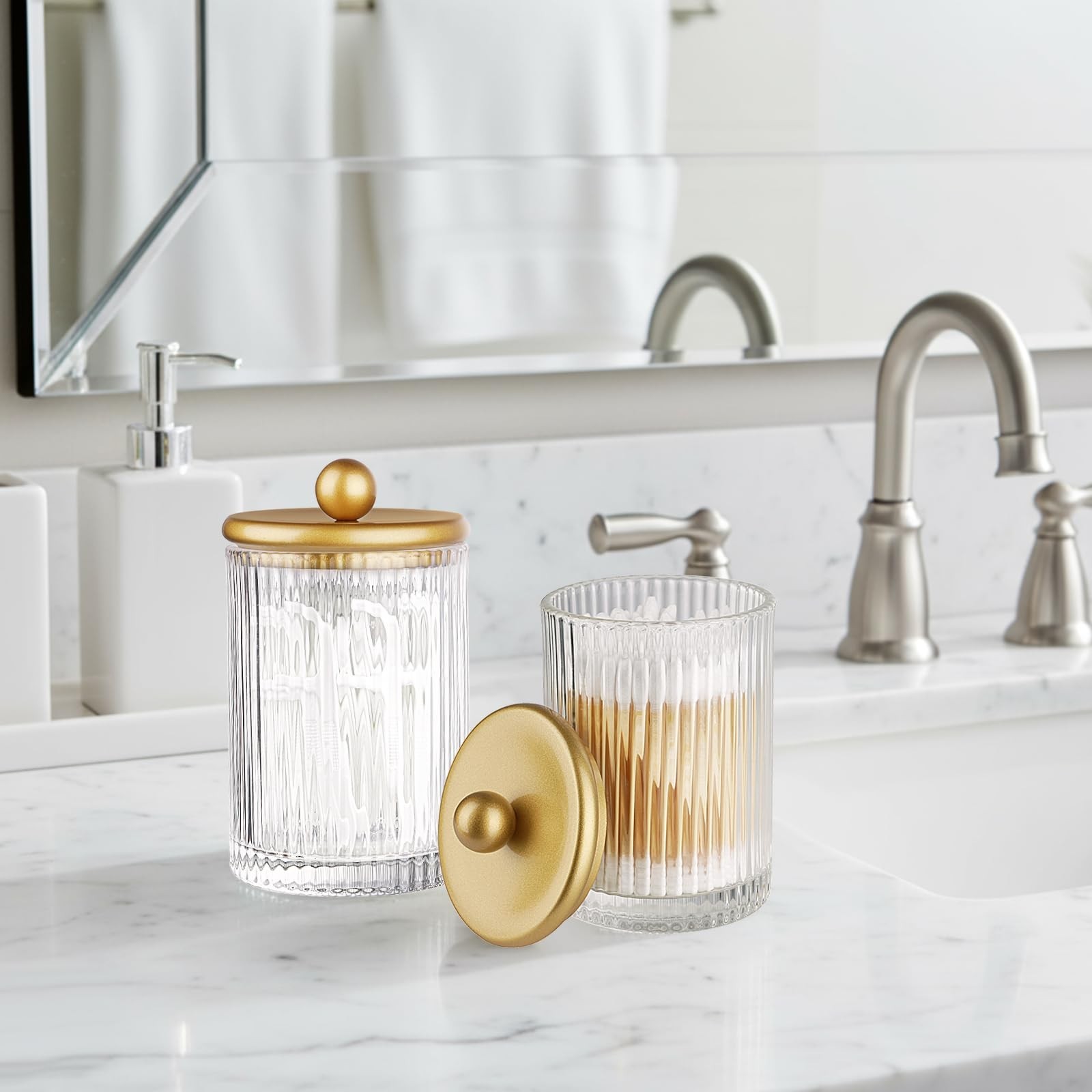 SheeChung 2-Pack Gold Ribbed Glass Qtip Holder – Apothecary Jars Bathroom Org…