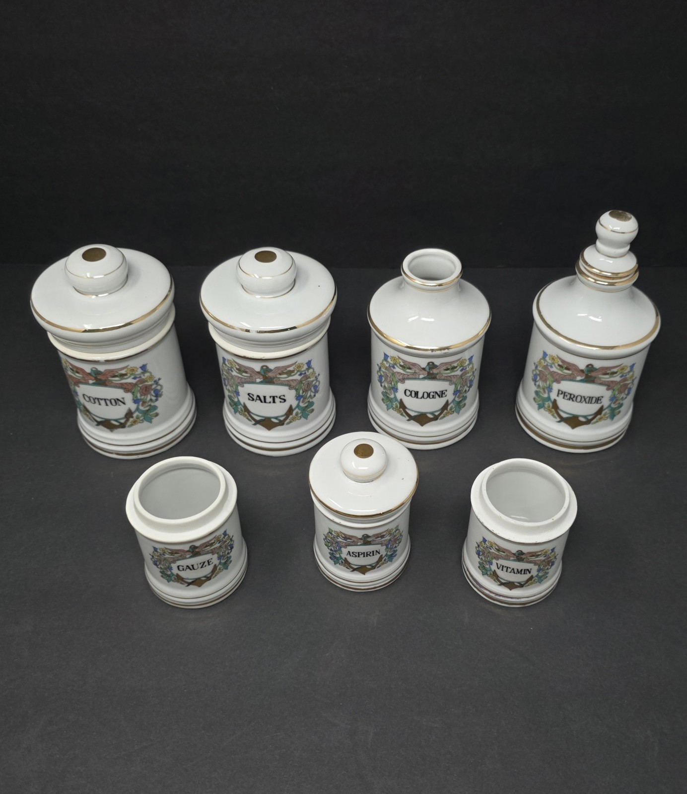 Vintage Porcelain Apothecary Medicine Jar Set Salts Cologne Gauze Perioxide