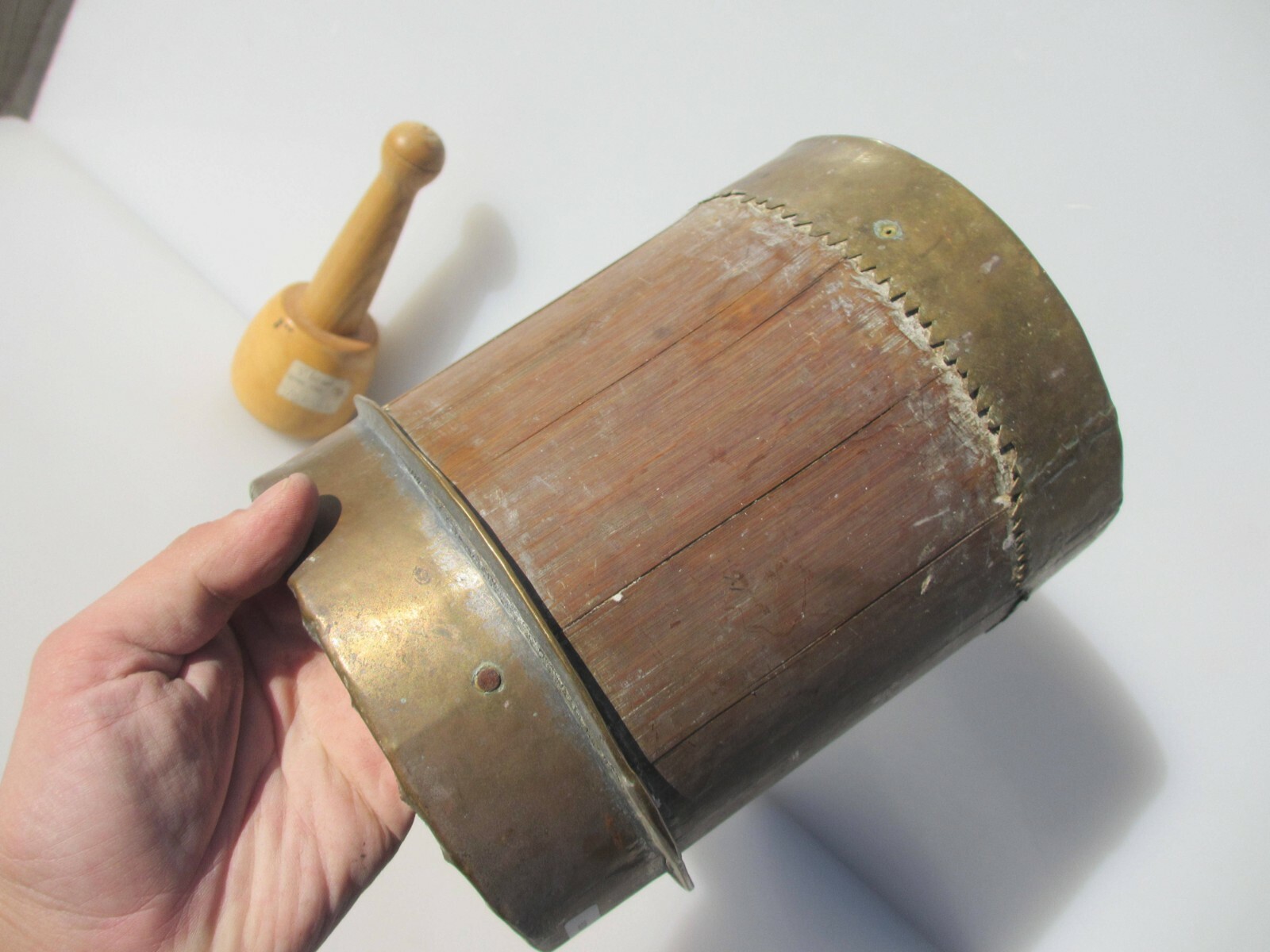 Antique Wooden Mortar and Pestle Barrel Brass Strap Vintage Old Wood French
