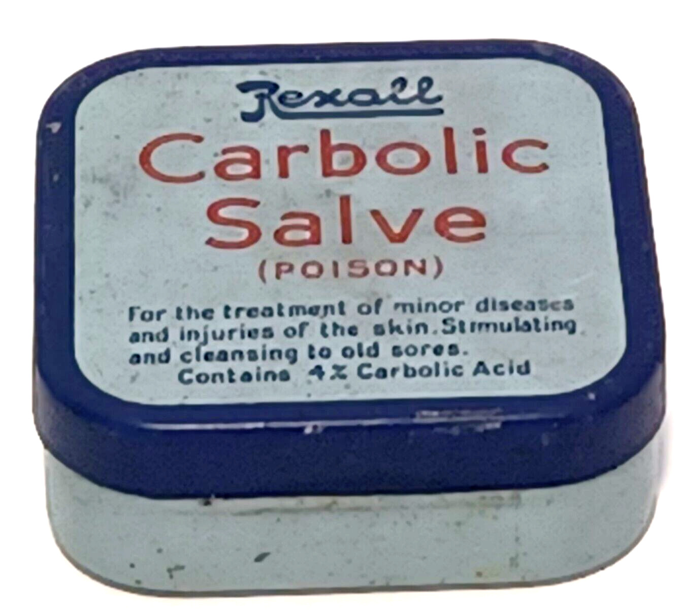 Vintage Pharmacy Rexall Carbolic Salve In Square Tin Blue