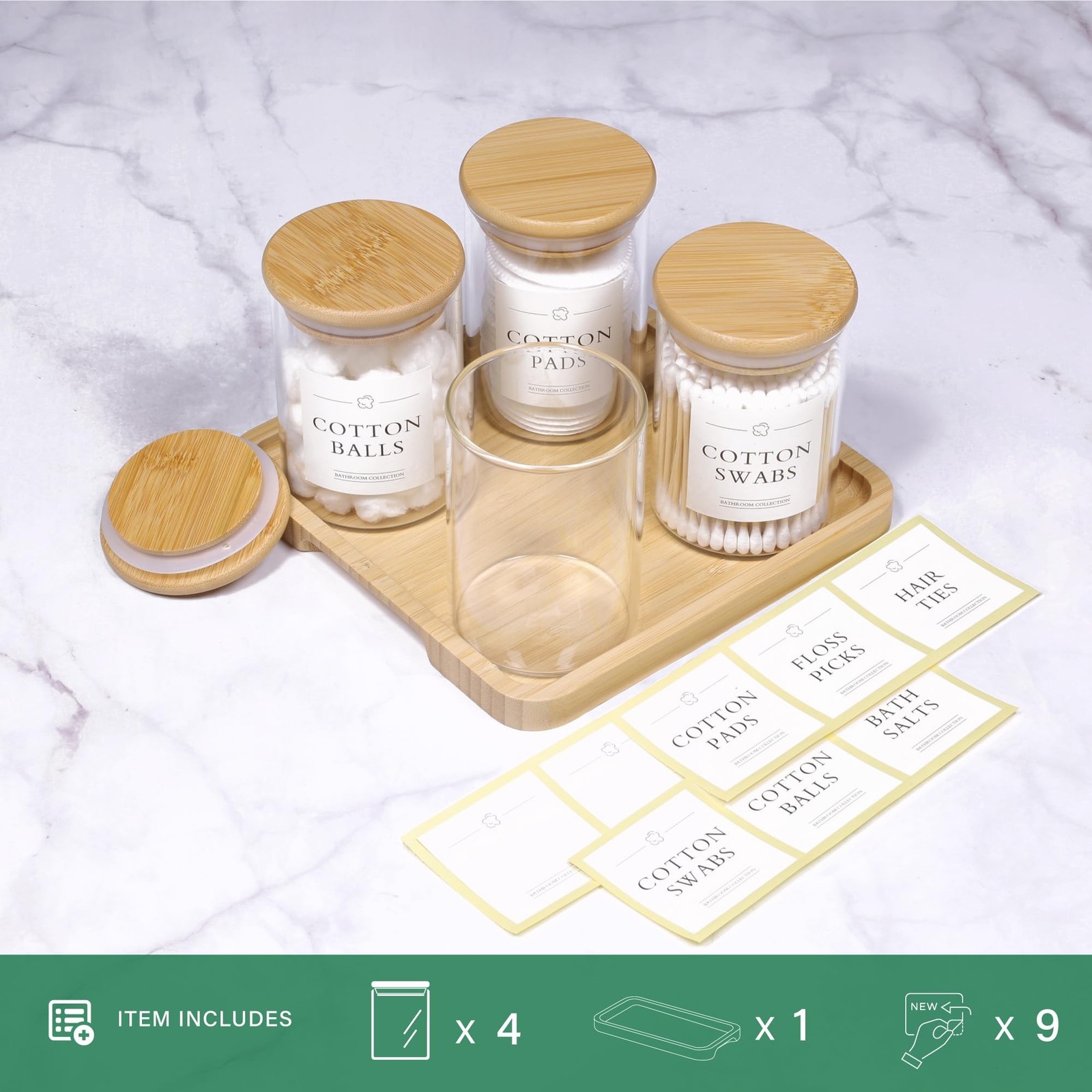 INIUNIK Qtip Holder with Vanity Tray – 4 Pack Glass Apothecary Jars with Lids…