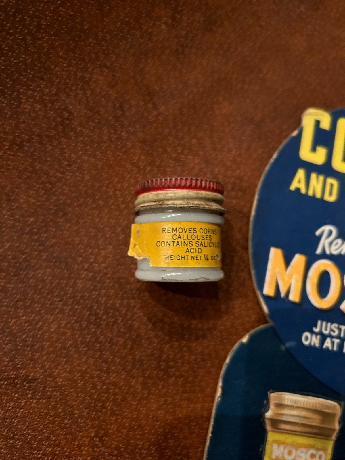 Vintage Mosco Corn Remover Store Dispay Advertisement & Unopened Vial 1939