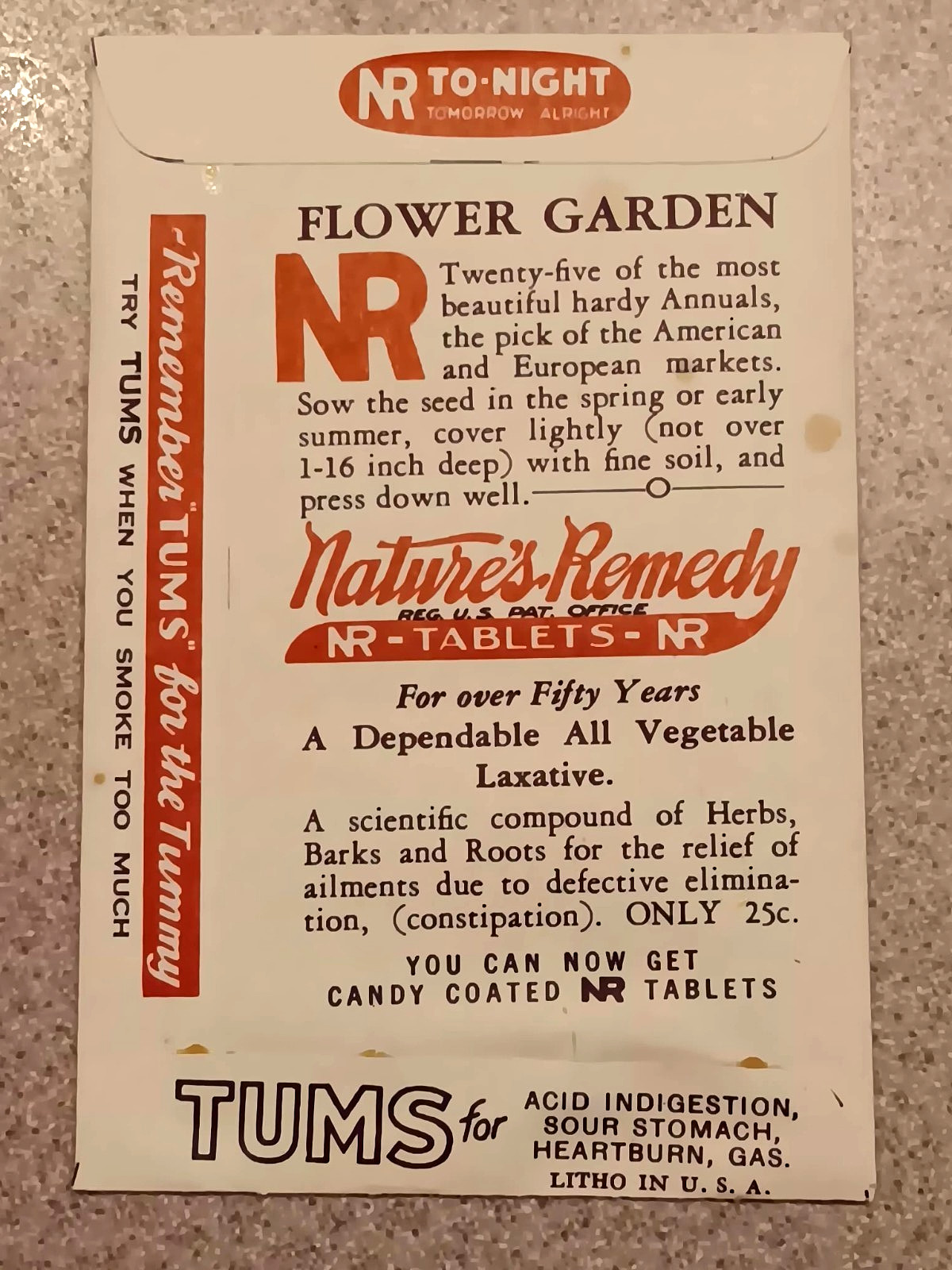 Vintage TUMS Natures Remedy SEALED Seed Packet Mailer Willcox Drug Kirksville MO