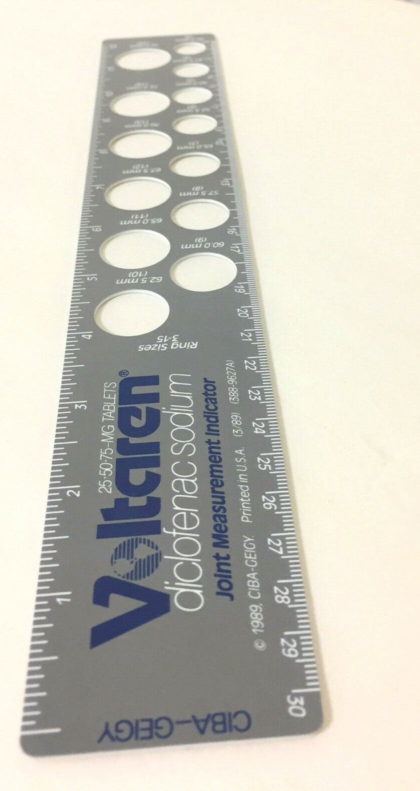 CIBA-GEIGY Medical Collectible 1989 Voltaren 12 inch Ruler-Ring Sizer