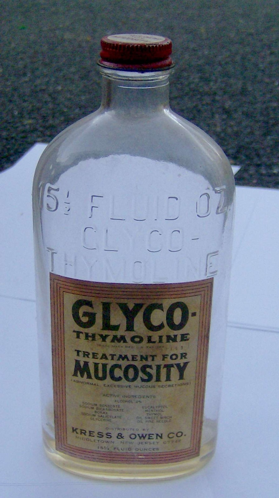 antique 1960s TREATMENT FOR MUCOSITY glass pharmaceutical bottle Glyco-Thymoline