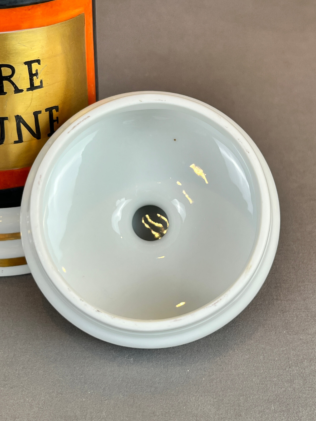 Vintage French Porcelain 7 ½” CIRE JAUNE (Yellow Wax) Apothecary Jar by D.T.