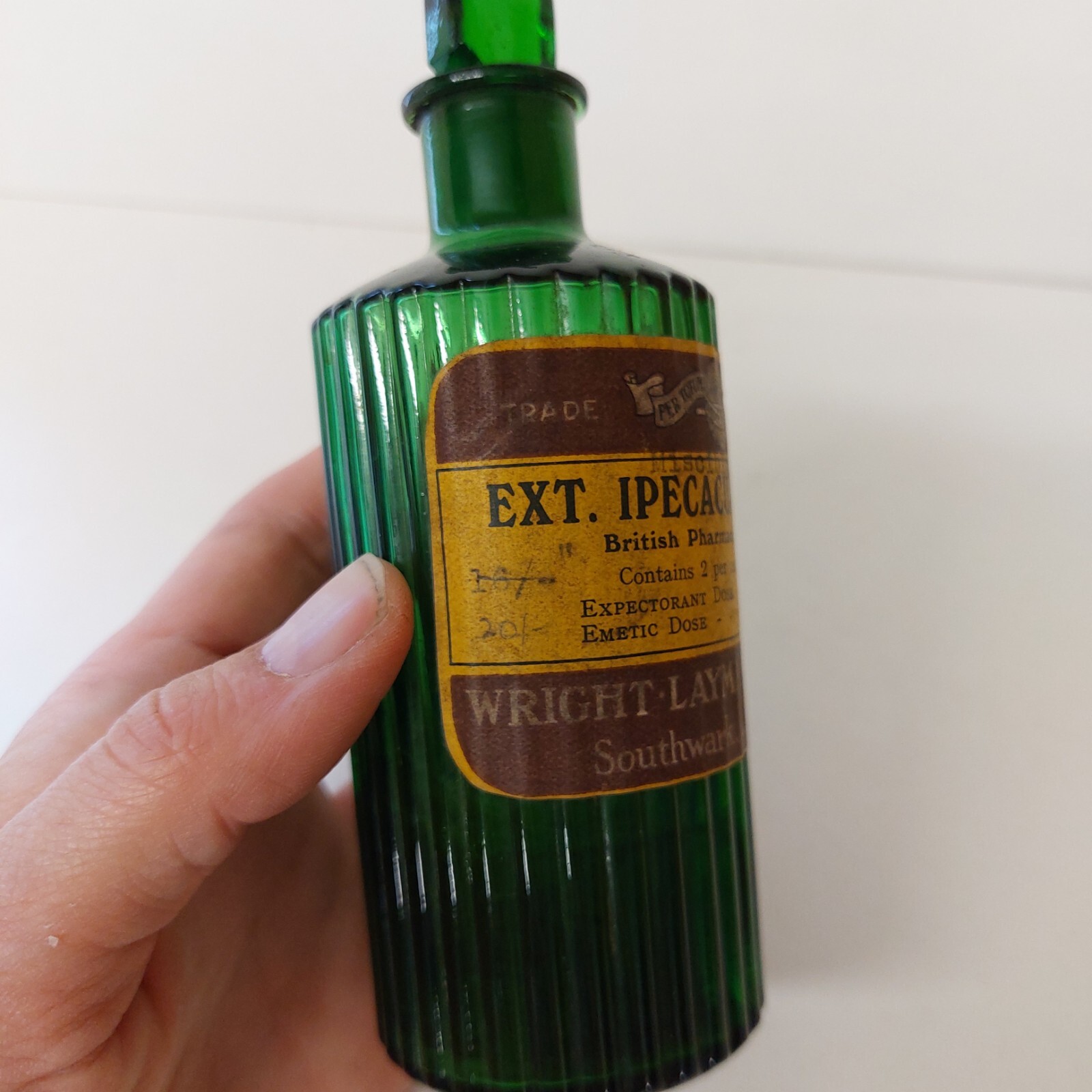 Labeled Wright Layman Umney Ltd London Emetic Ribbed Chemists Apothecary Bottle