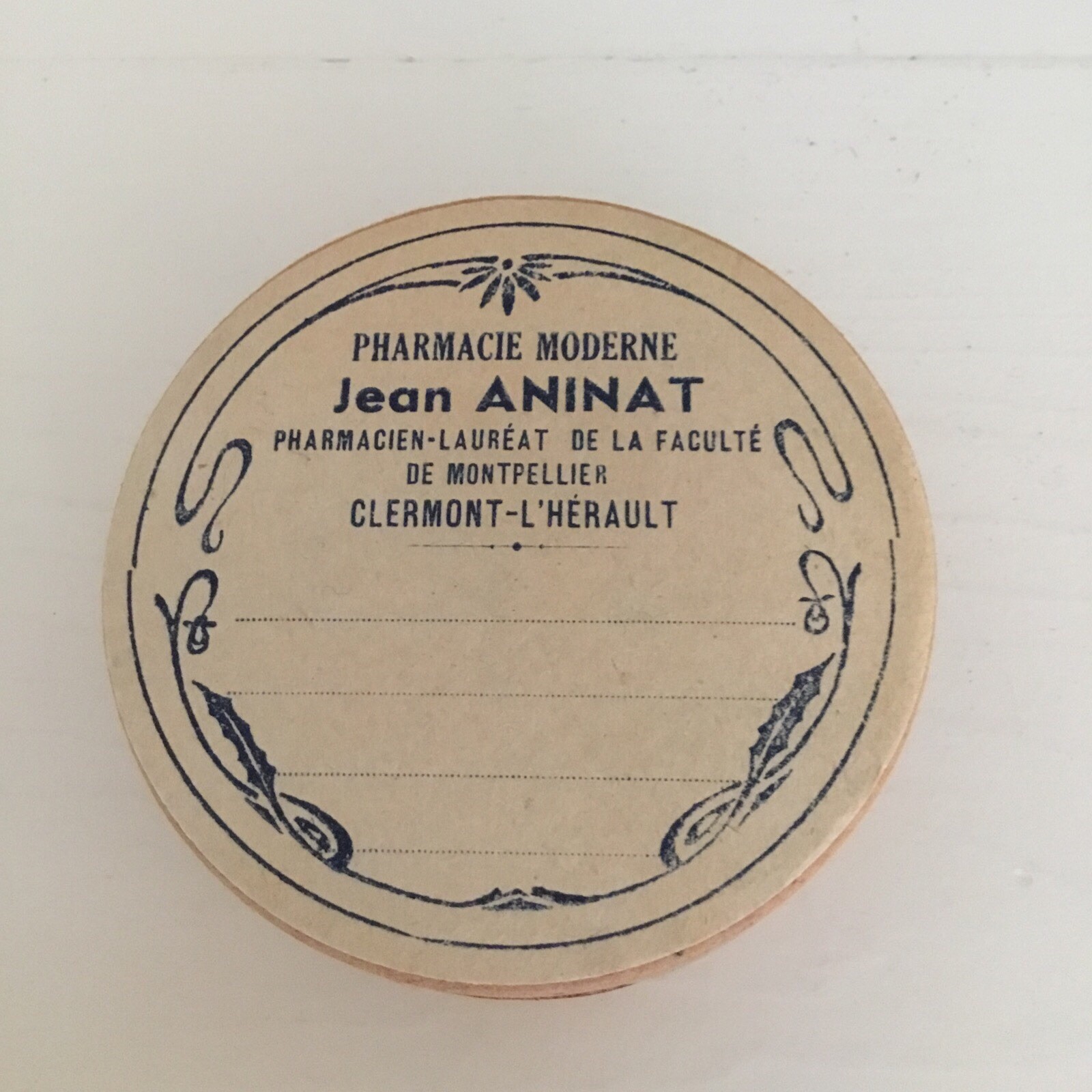 Antique Vintage FRENCH Pharmacie Cardboard Container Jean ANINAT 2 3/4” Round