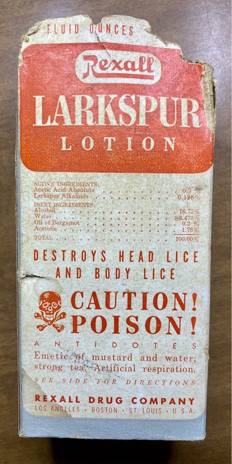Vintage Rexall Drug Co Larkspur Lotion w/ Box POISON Hazel Atlas Blue Bottle