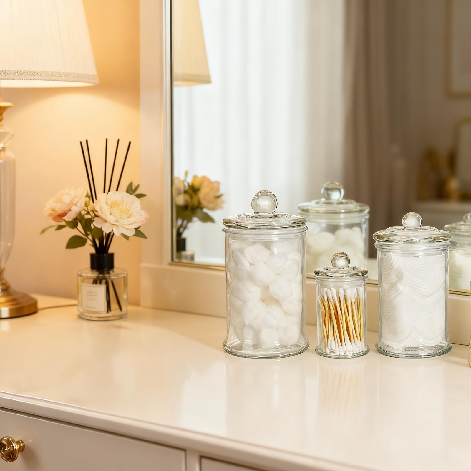 Set of 3 Glass Apothecary Jars with Lids, Bathroom Canisters Storage Containe…