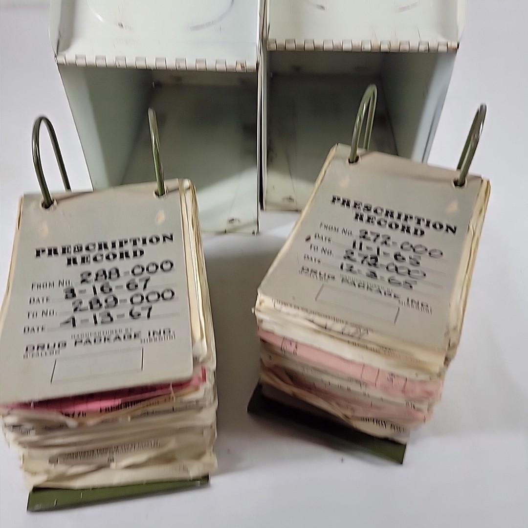 VTG Pharmacy Prescription File Box (2) w/100s of Drug Scripts California 1960s