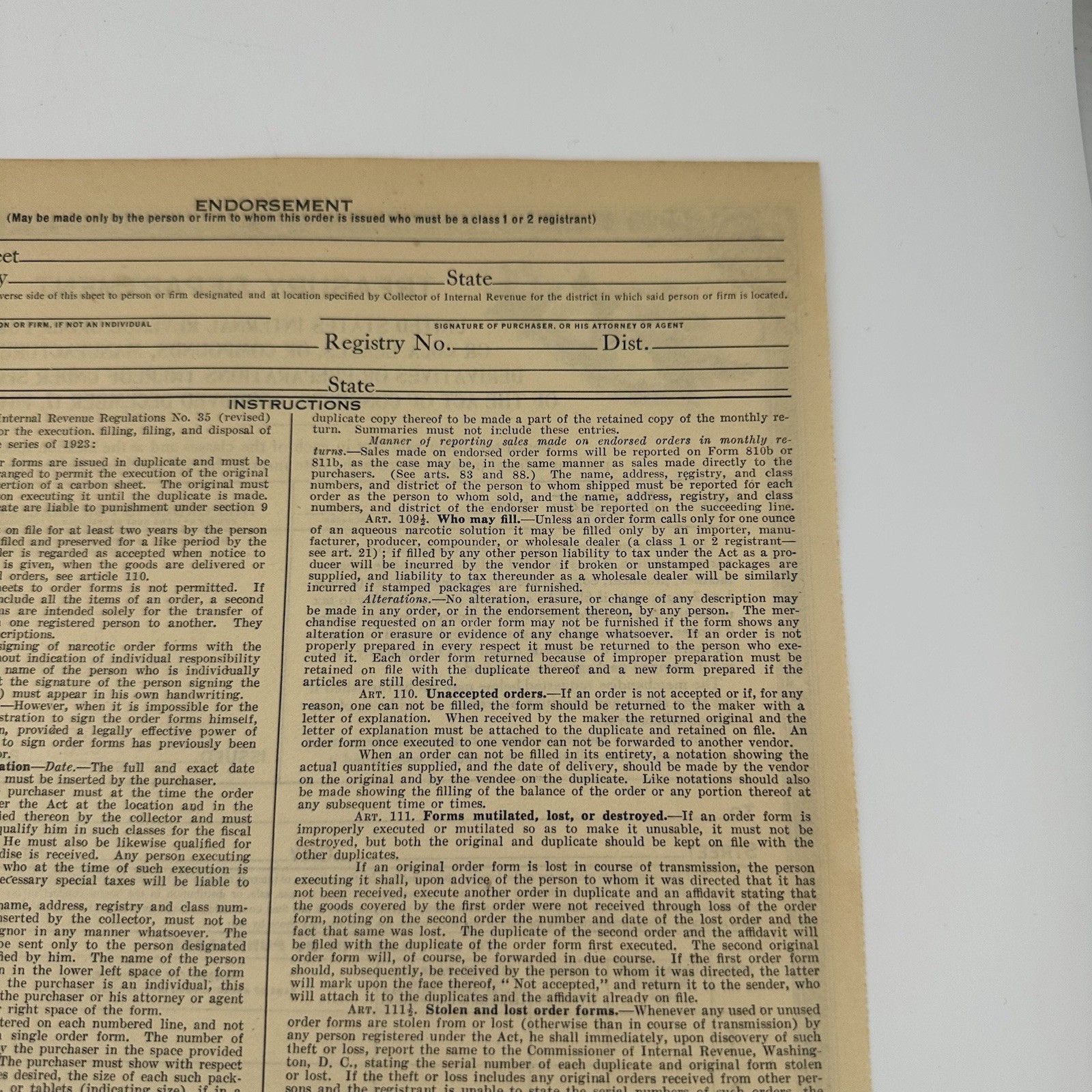 Vintage 1926 Treasury Department Opium Coca Leaves Order Form Philadelphia PA