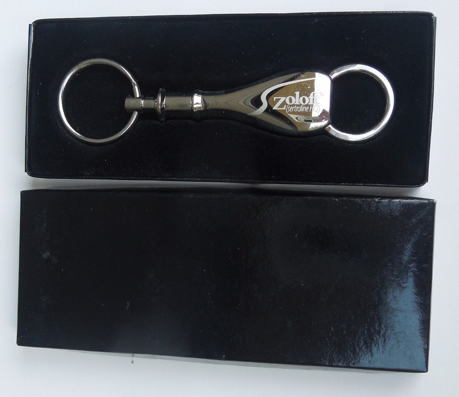 Rare ZOLOFT Pharmaceutical Drug Rep Promo Silver Tone Keychain NIB ~ 4.5″ Long