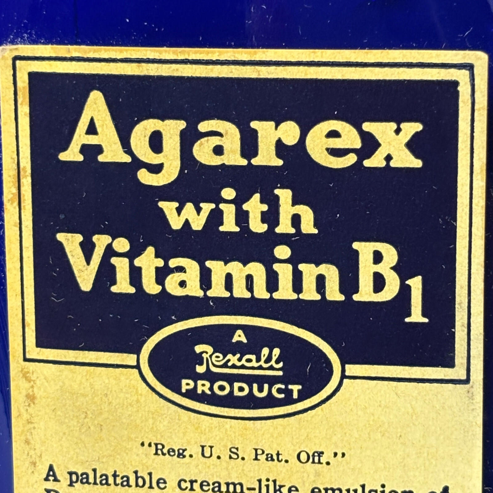 Vtg Agarex W/ Vitamin B1 16oz Cobalt Blue Bottle In Box Rexall Drug Stores