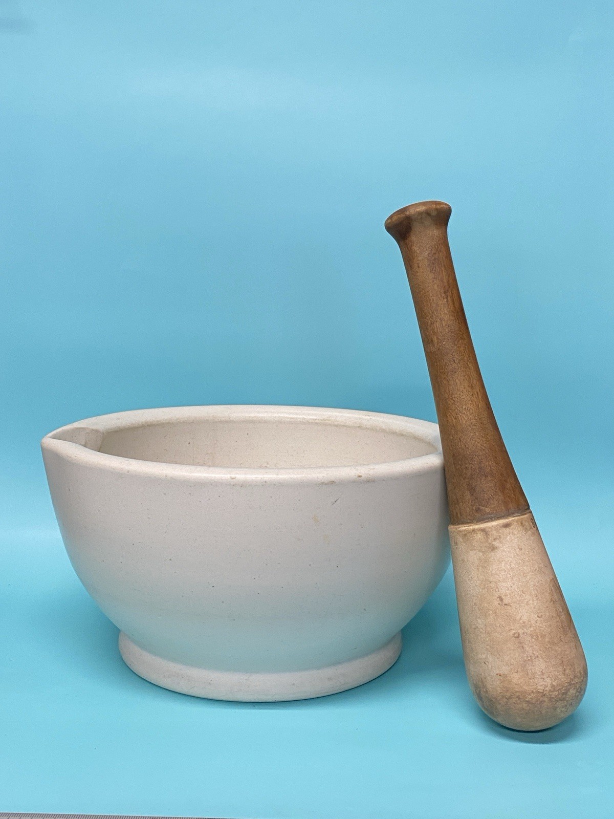 Vintage MORTAR & PESTLE Ceramic & Wood Pharmacy Apothecary HUGE 10” WH3