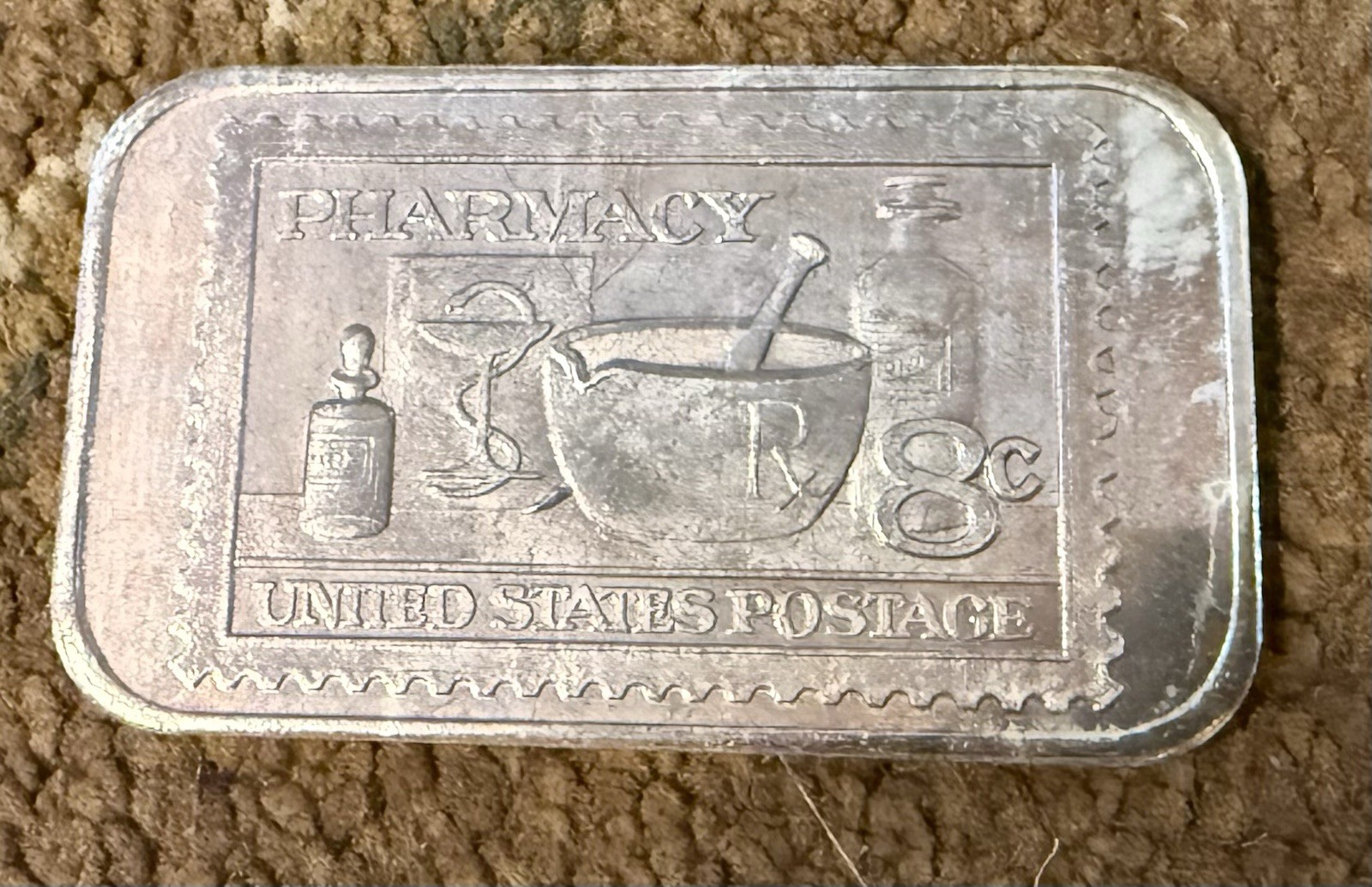 Silver Vintage 1oz .999 Fine Silver Bar – 1972 USPS 8¢ Pharmacy Stamp Tribute