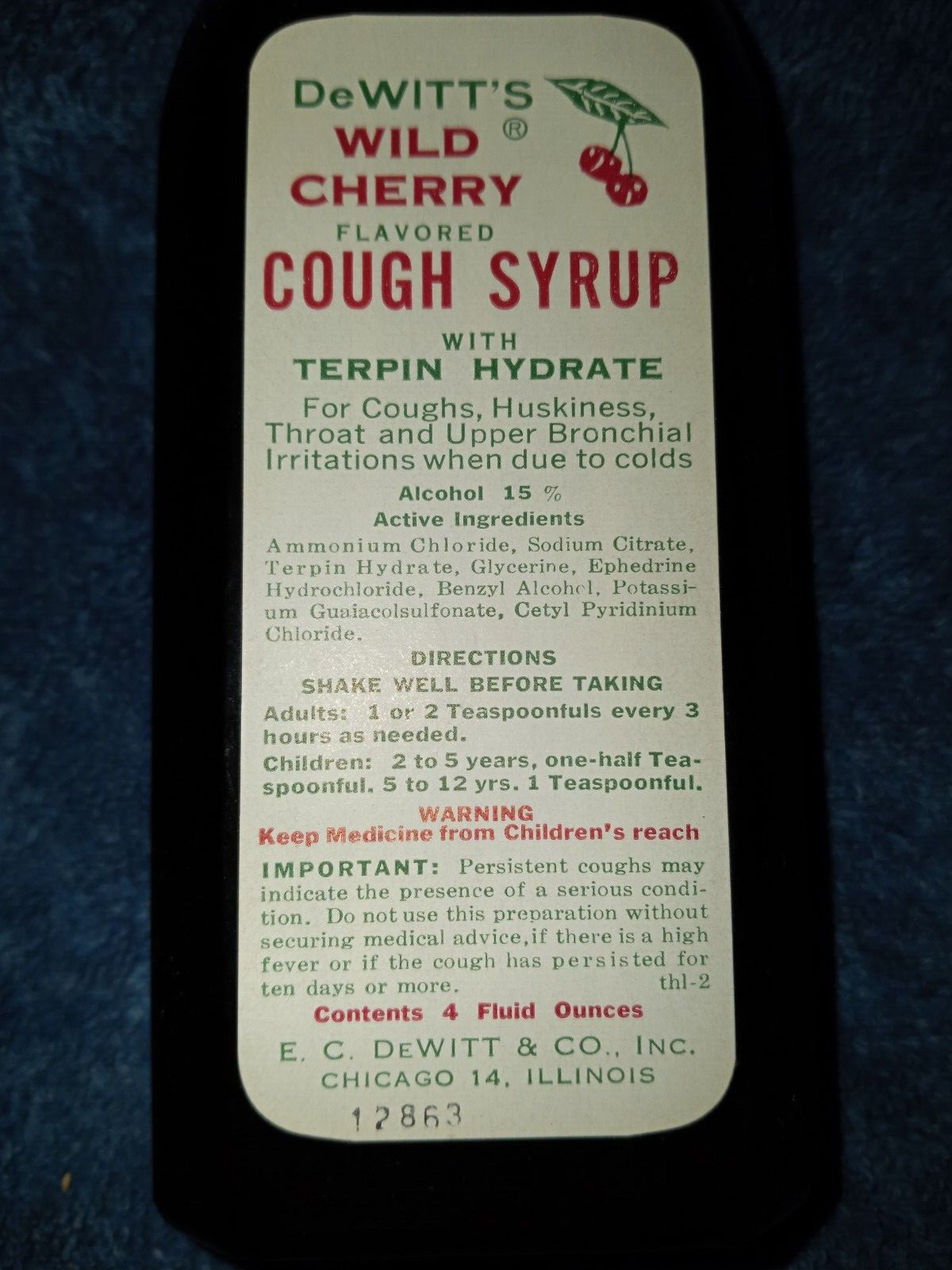 Vtg DeWitt’s Wild Cherry Flavored Box Paperwk Medicine Pharmacy Cough Syrup NOS