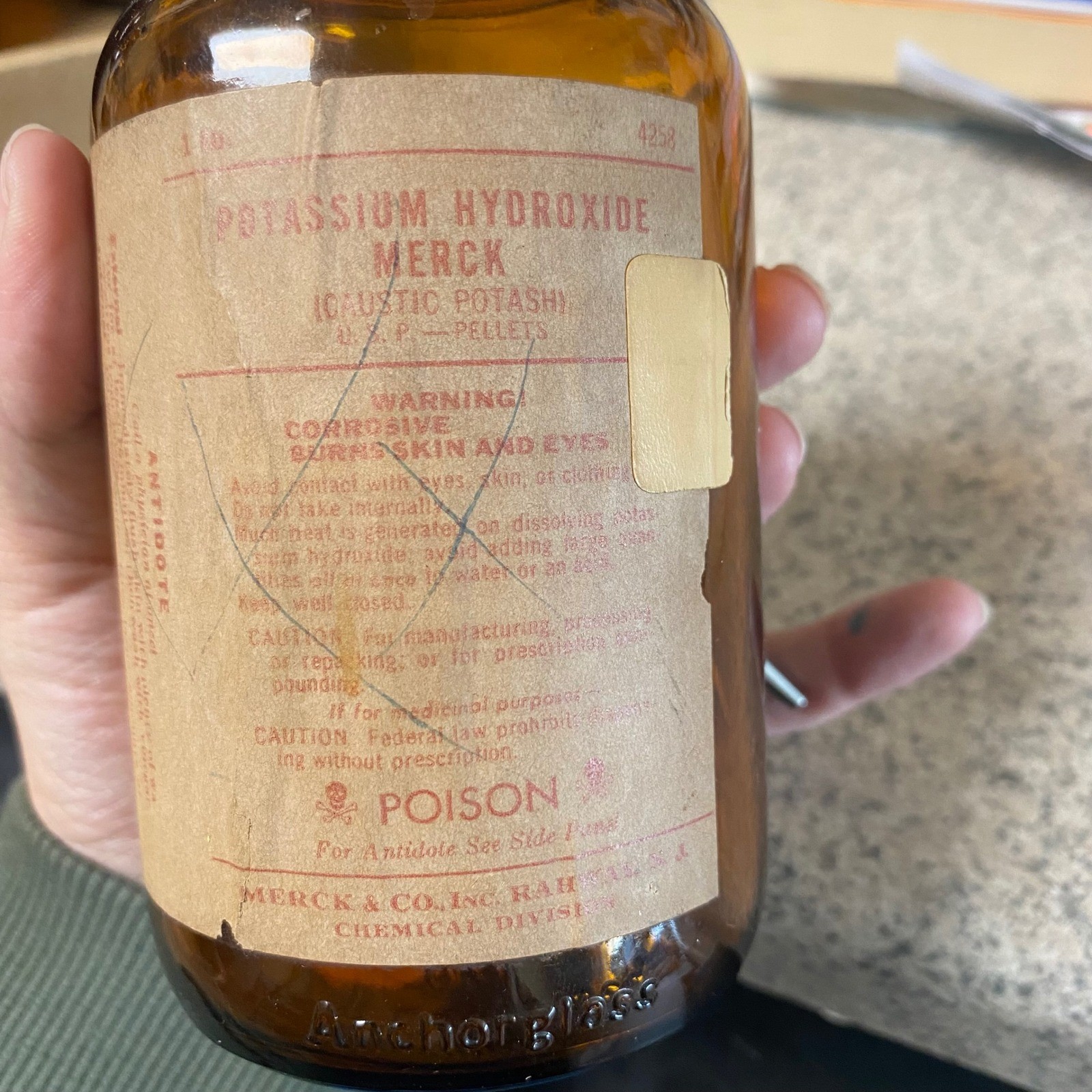 Vintage Merck Potassium Hydroxide Amber Glass Jar Poison Label 1lb Dark Academia