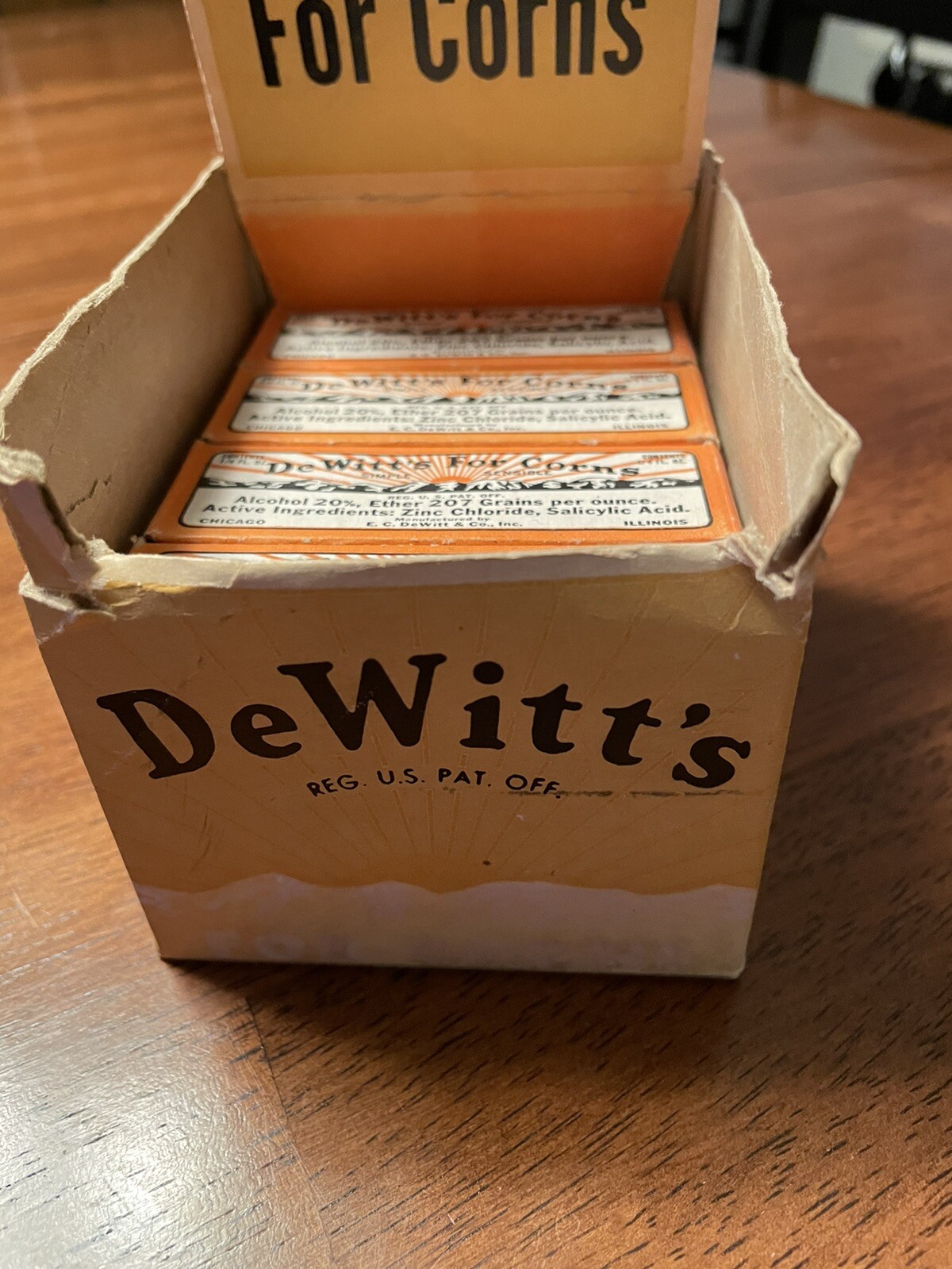 Vintage DeWitt’s For Corns 8 Medicine Bottles circa 20’s-30’s W/ Display Box