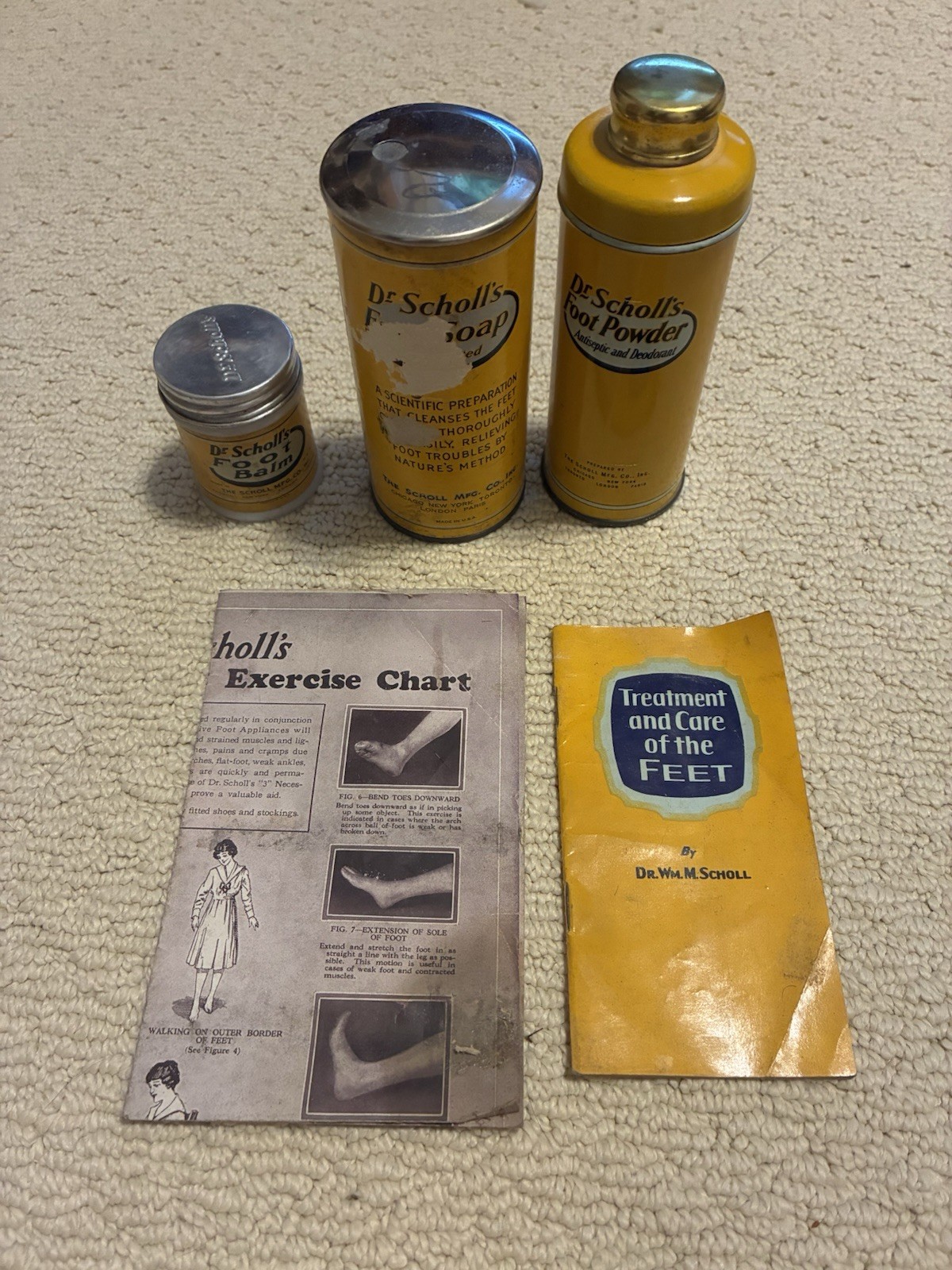 Vintage 1950s Dr. Scholl’s 3 Necessities Foot Treatment Set Box Tins Paperwork
