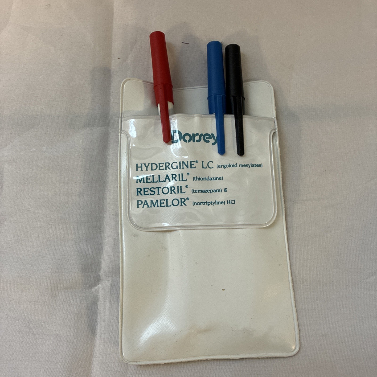 Pamelor Mellaril Restoril Hydergine POCKET PROTECTOR DORSEY SANDOZ 1980’s