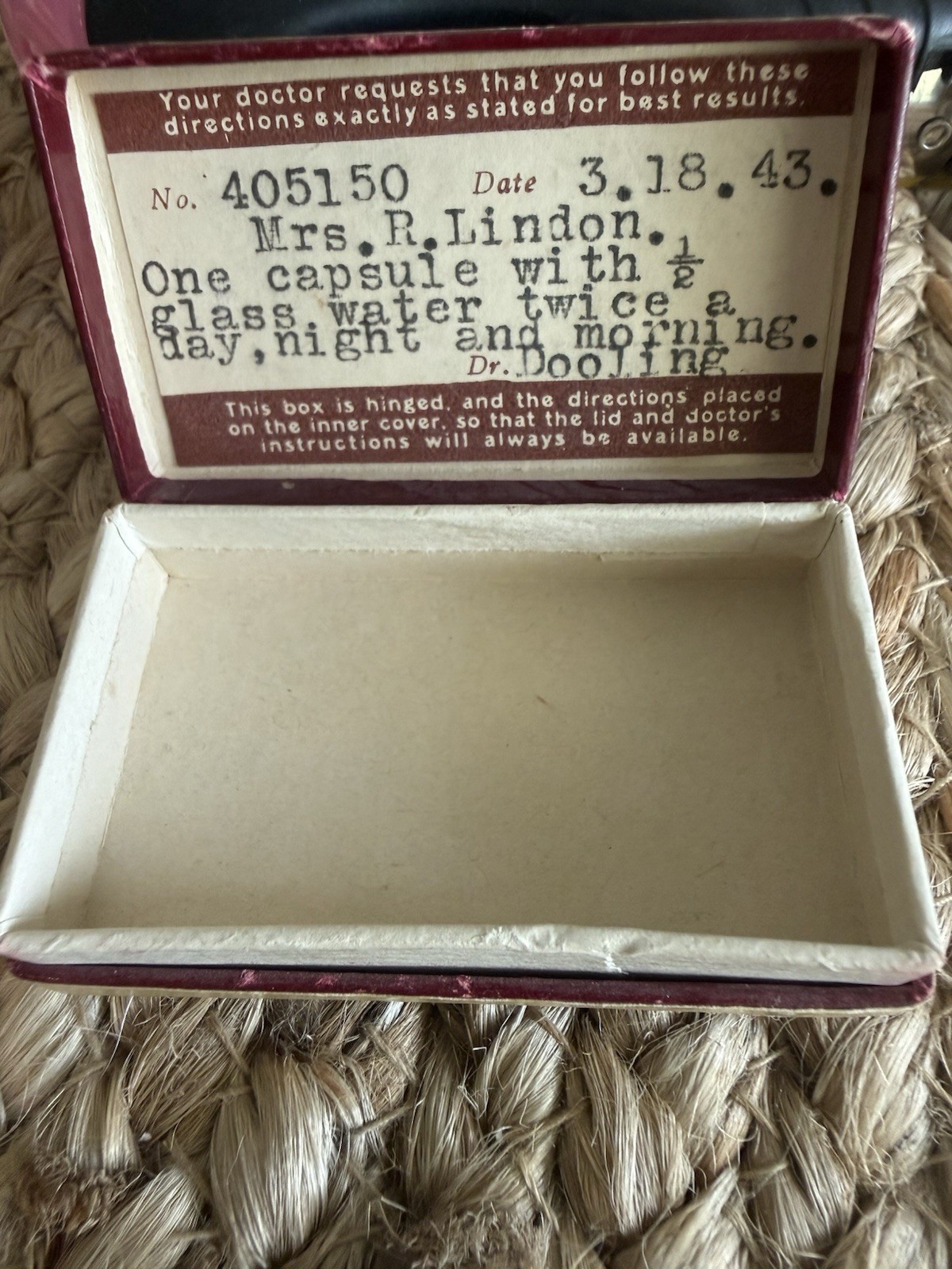 Vintage 1943 Medicine Prescription Box Apothecary Memorabilia Mount Vernon NY