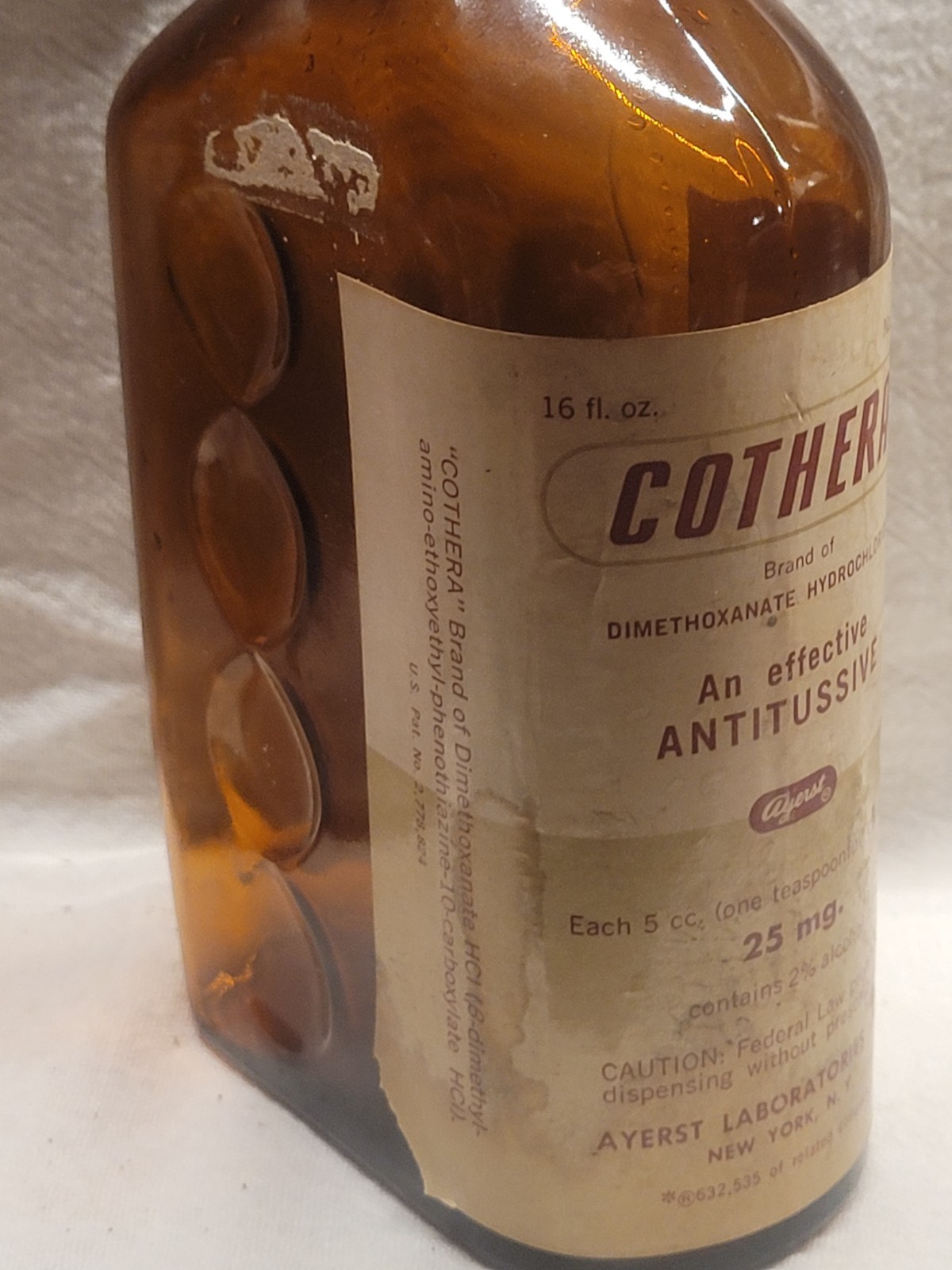 Large Empty Vintage Cothera Cough Syrup Bottle by Ayerst w Original Label