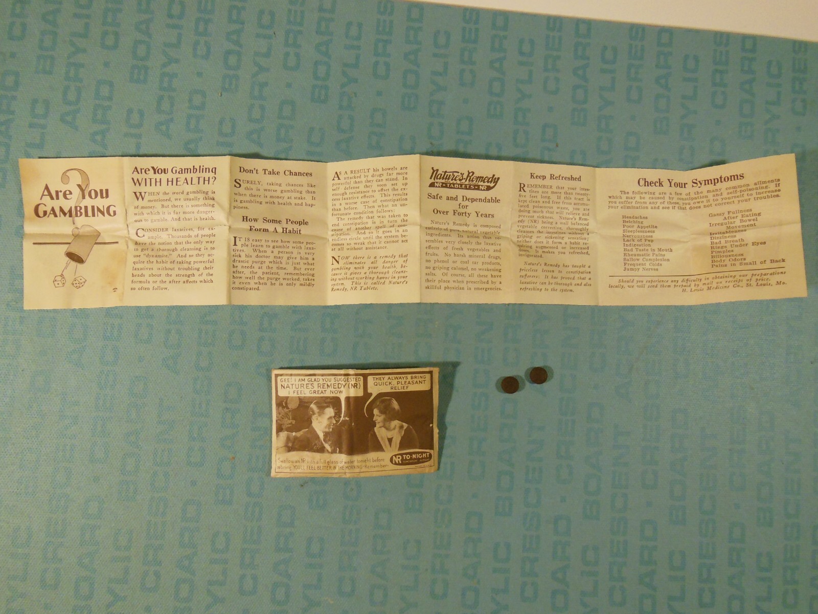 Nature’s Remedy free sample laxative, c1933, 2 pills, brochure & envelope