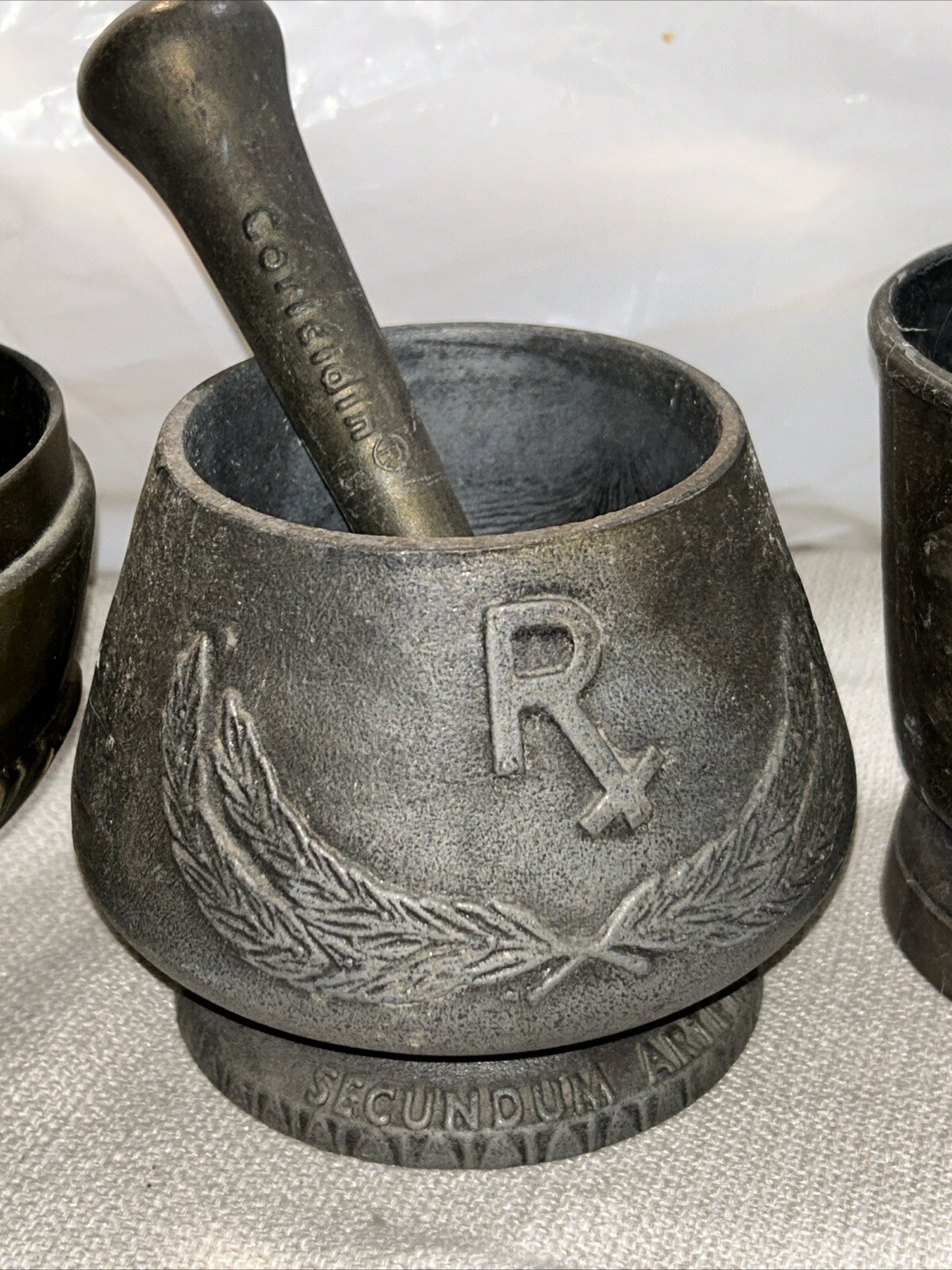3x Vintage Coricidin Mortar & Pestle Brass Rx Pharmacy 1975,Daniel B Smith +