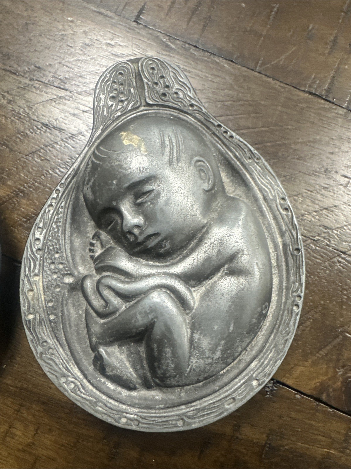 2 Parke-Davis TABRON 1950s Vintage Pharmaceutical Pewter Fetus Paperweight VGC