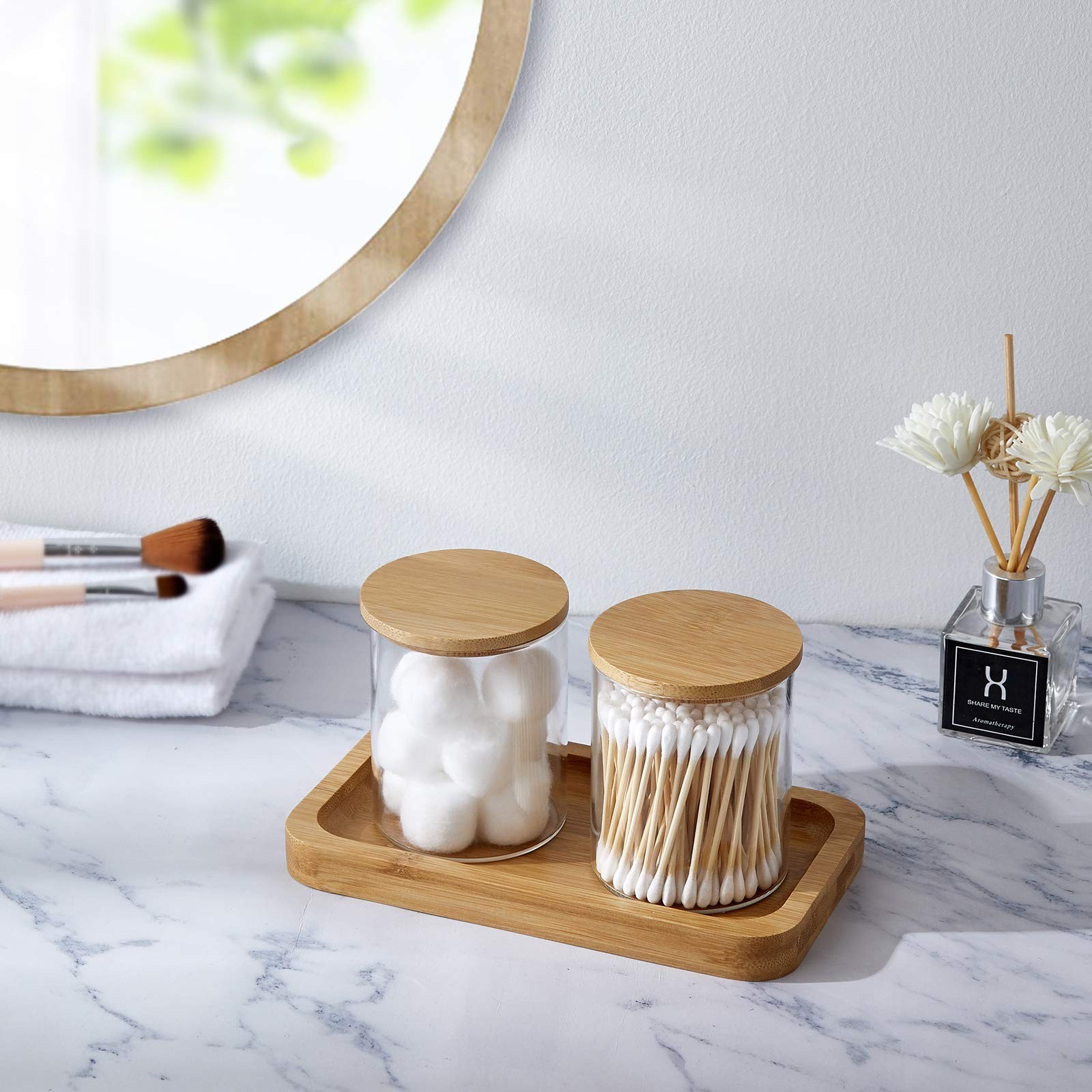 INIUNIK Glass Qtip Holder with Vanity Tray, Apothecary Jars Bathroom Accessor…
