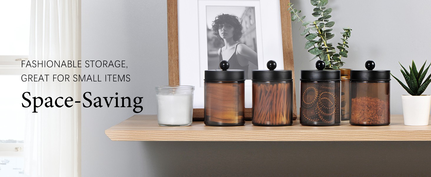Amber Glass Qtip Holder, Apothecary Jars with Matte Black Metal Lid &