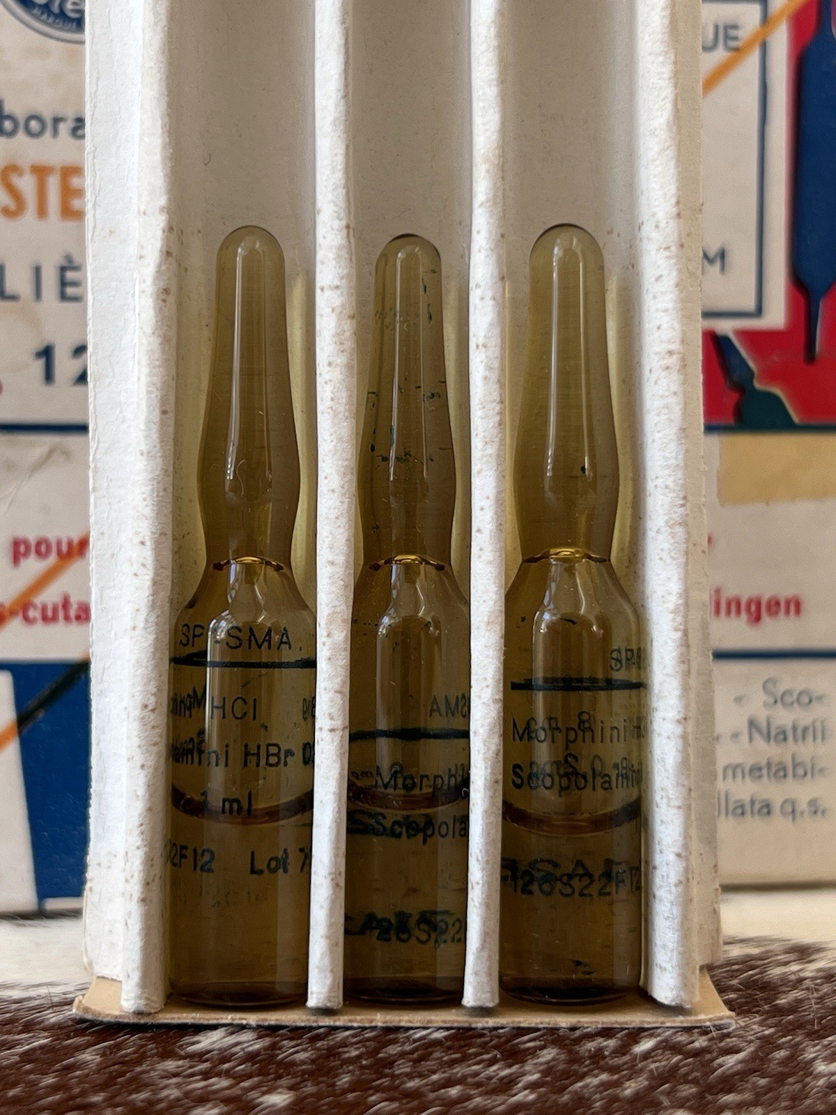 Vintage Stella “Spasma” Ampules – 3x Ampules Left – Morphine & Scopolamine