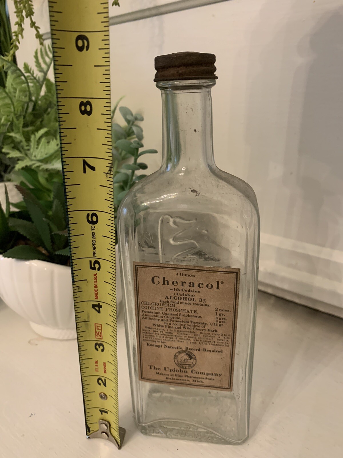 Vintage CHERACOL Cough Syrup Bottle Upjohn Kalamazoo MI Original Label Cap