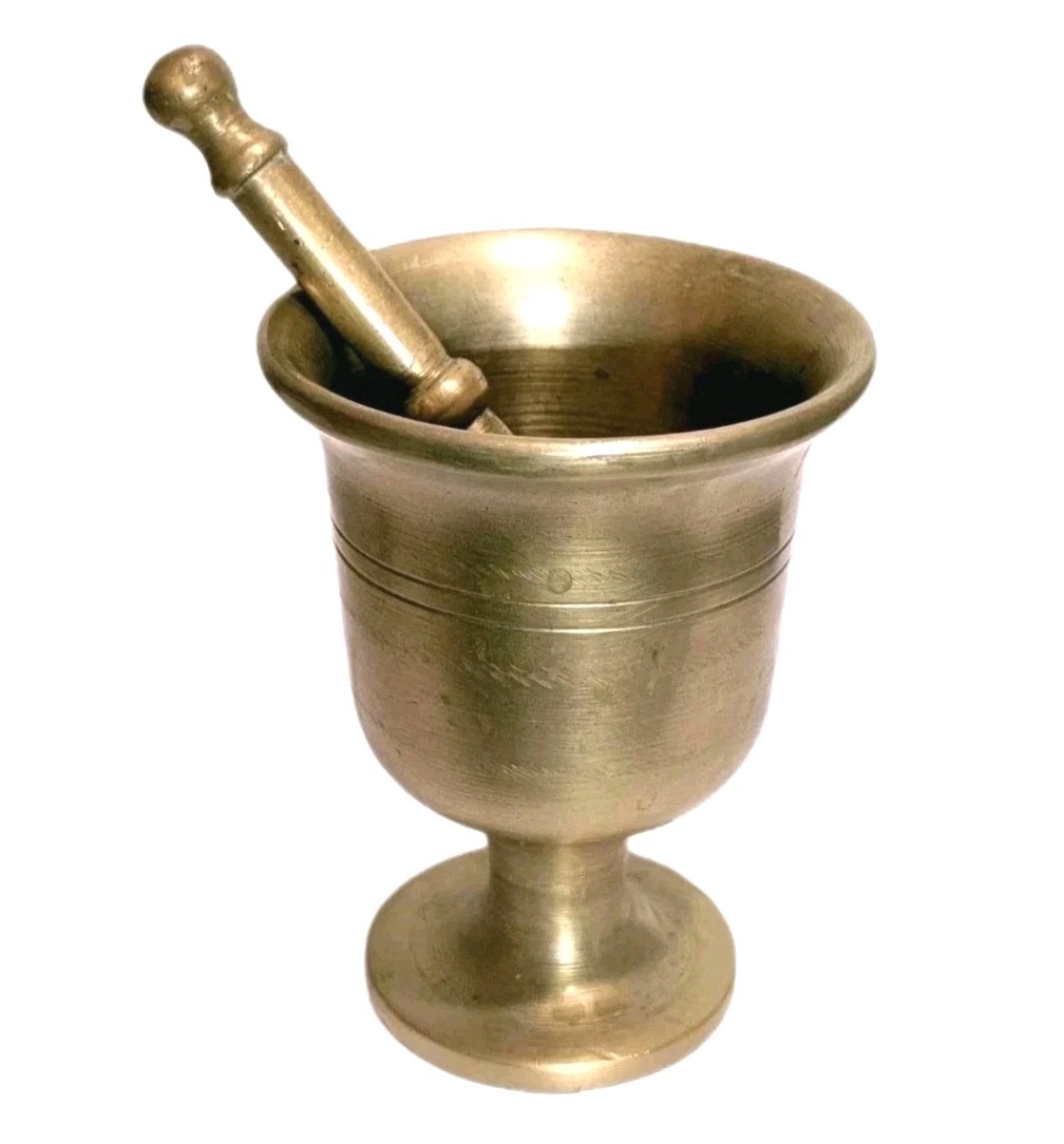 Apothecary 5.3lb Brass Mortar and Pestle 6″x4.75″ Chalice Goblet Form Vintage
