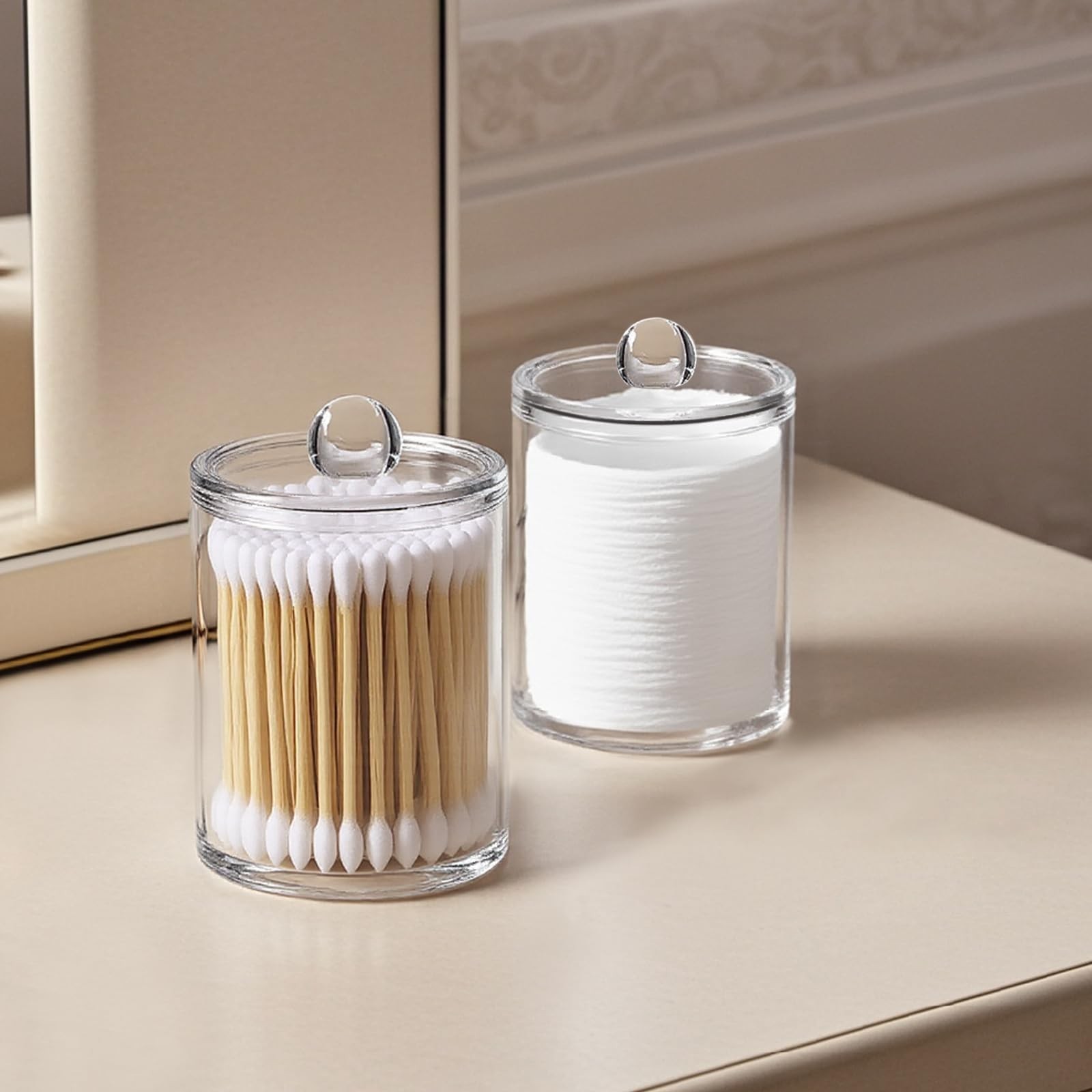 Q Tip Holder for Bathroom, 2-Pack Clear Plastic Apothecary Jars with Lids Set…