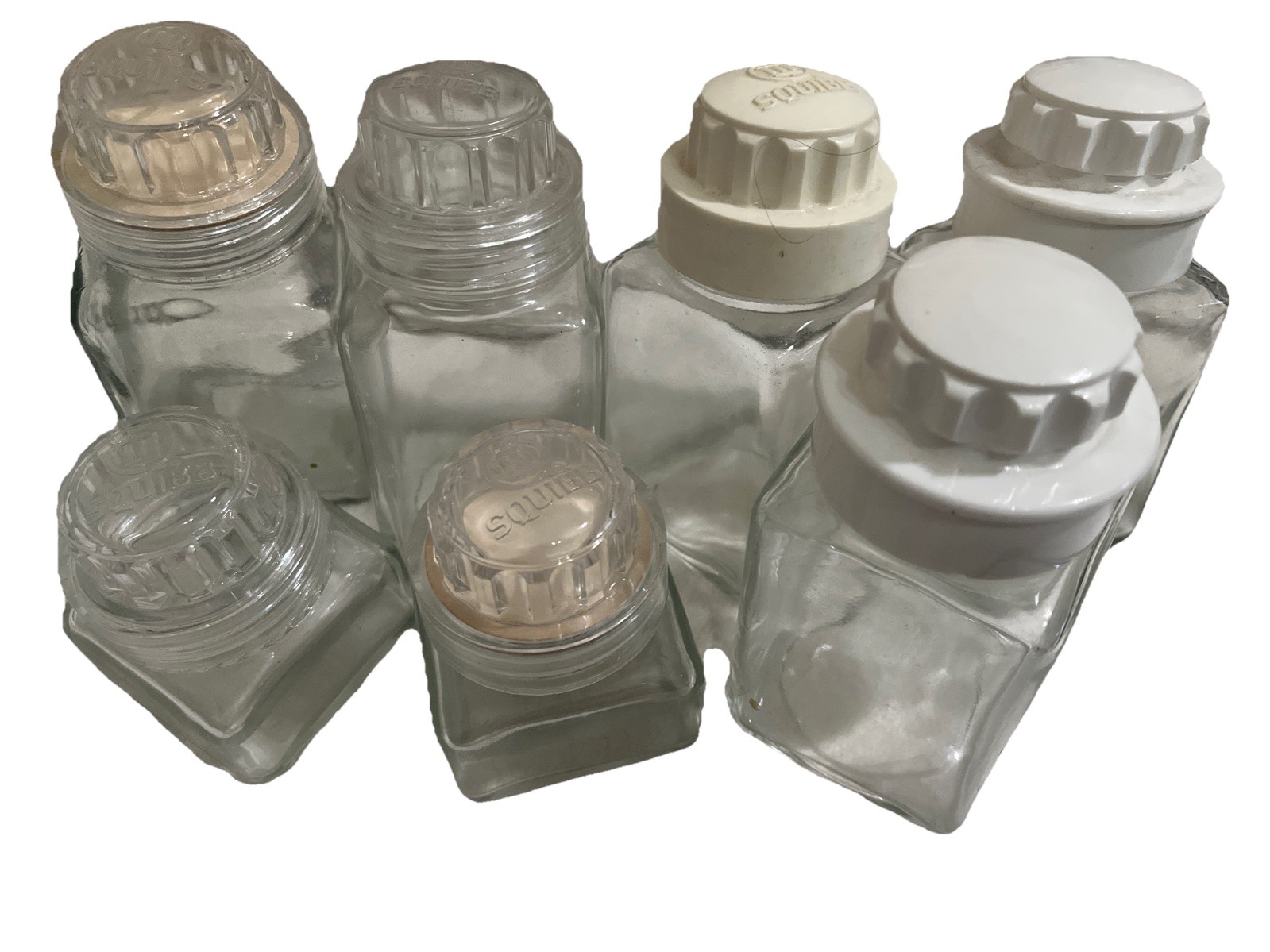 SQUIBB Pharmaceutical Vintage Square Medicinal Apothecary Clear Glass Bottle 7PC