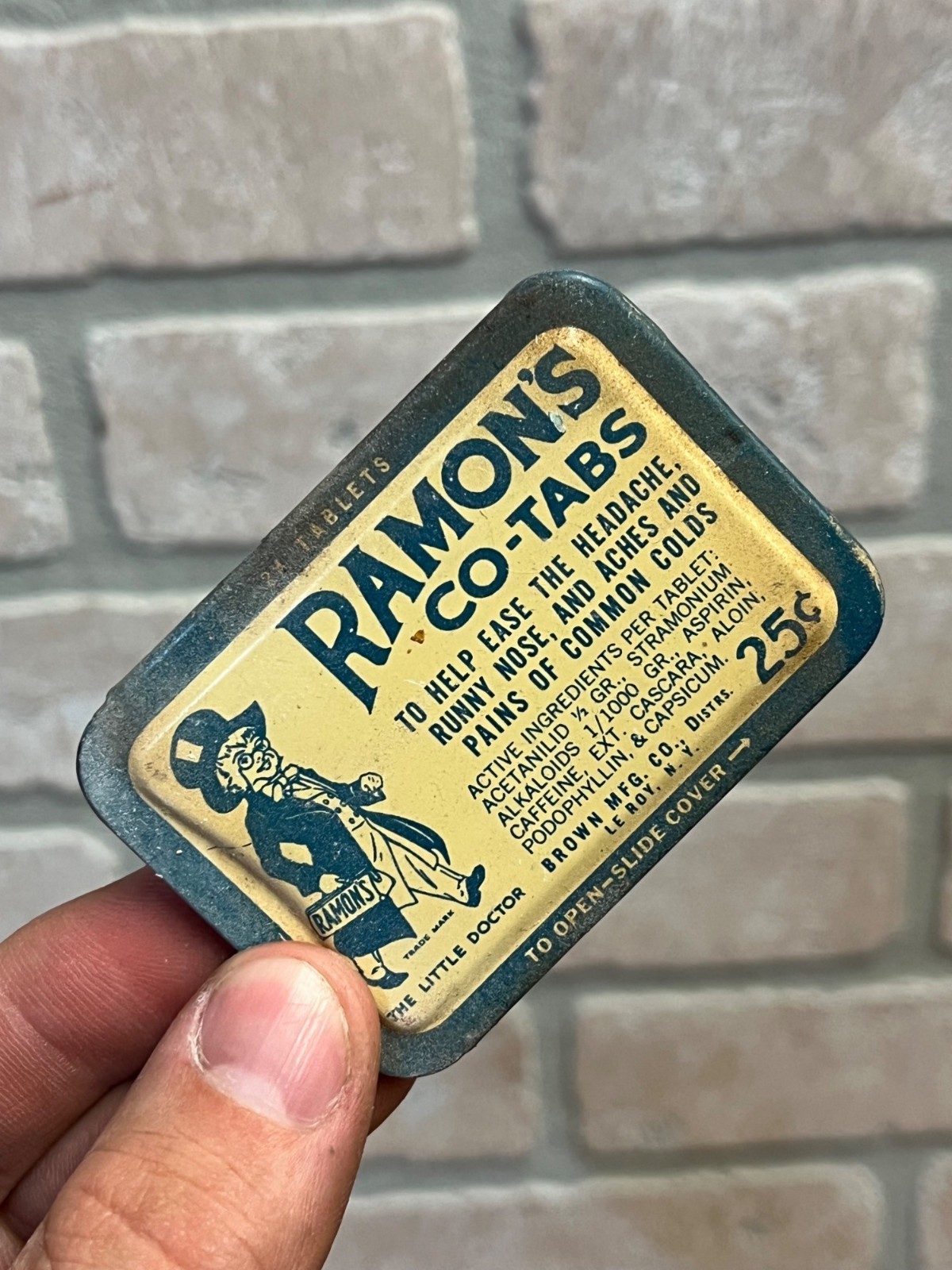 Vintage Ramon’s Co-Tabs Headache Medicine Advertising Tin w/ Contents Brown Mfg