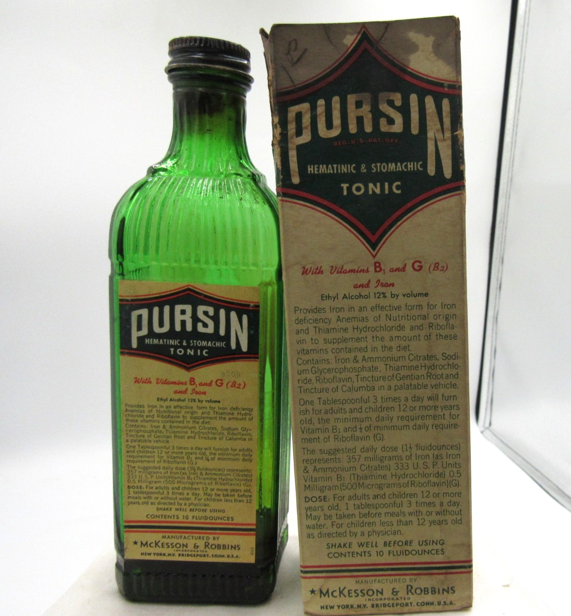 WVA – 1930’s McKesson & Robbins Pursin Bridgeport Conn New York 8″ Green Bottle