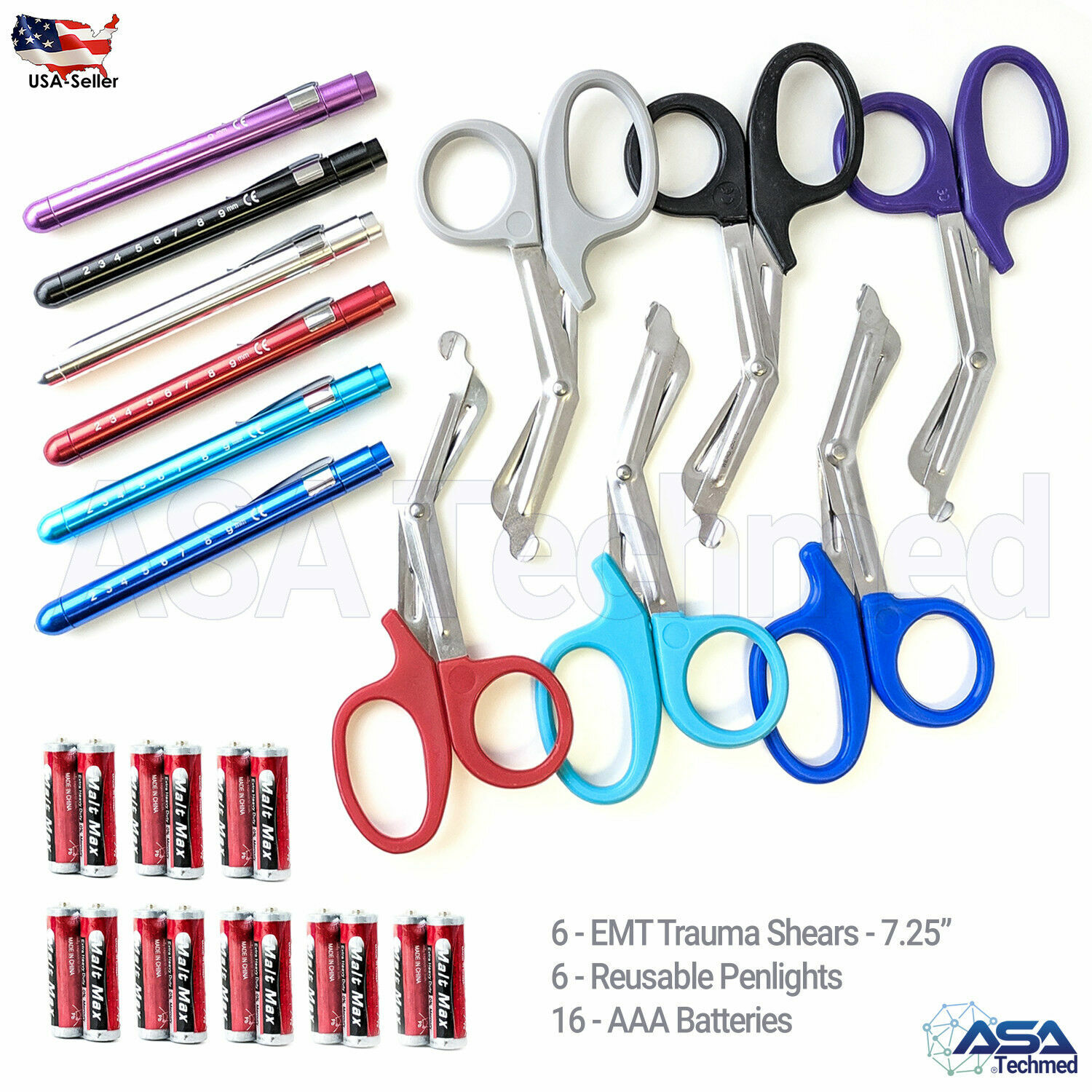 6 Reusable NURSE Aluminum Penlight Pocket Medical LED with Pupil Gauge + Shears