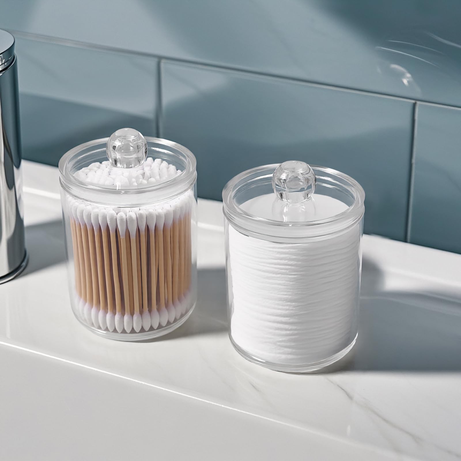 Q Tip Holder for Bathroom, 2-Pack Clear Plastic Apothecary Jars with Lids Set…