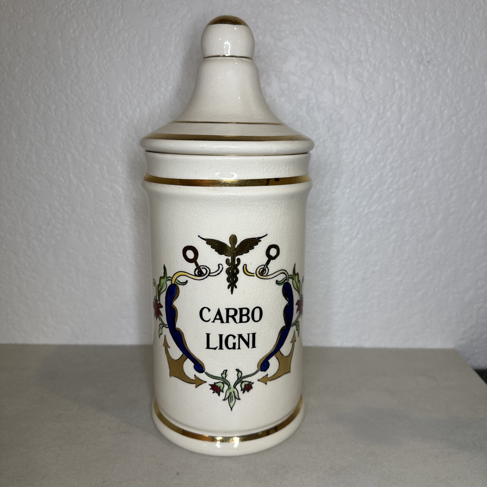 Vintage Jeanne Robinette Ceramics~Carbo Ligni Apothecary Jar, Rexall Drug Store