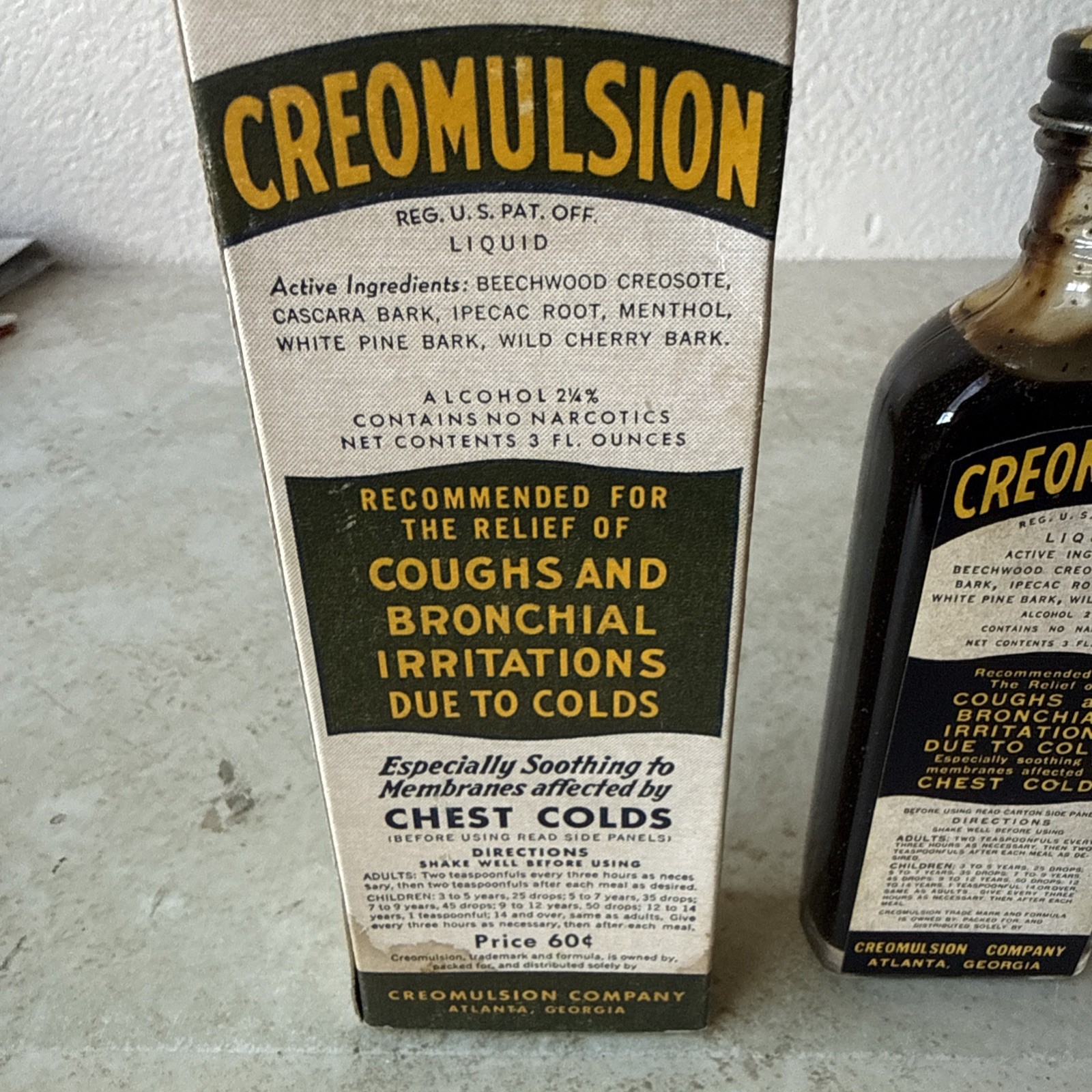 Vintage Creomulsion Coughs Bronchial Atlanta Ga 7 3/4 ” Medicine bottle Box